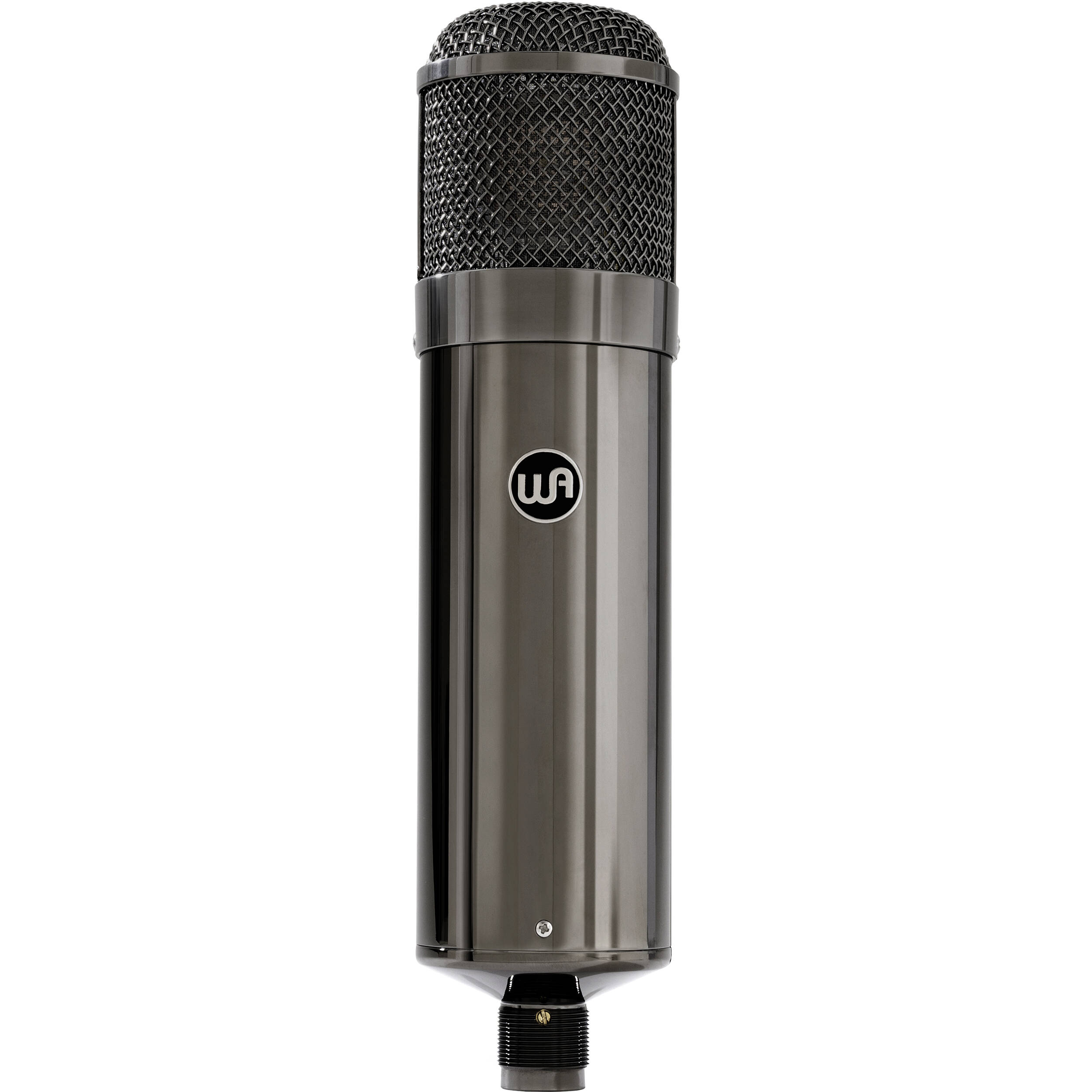 Warm Audio WA-47T condenser microphone with silver finish and vintage-style grille, mounted on a stand against a neutral background.