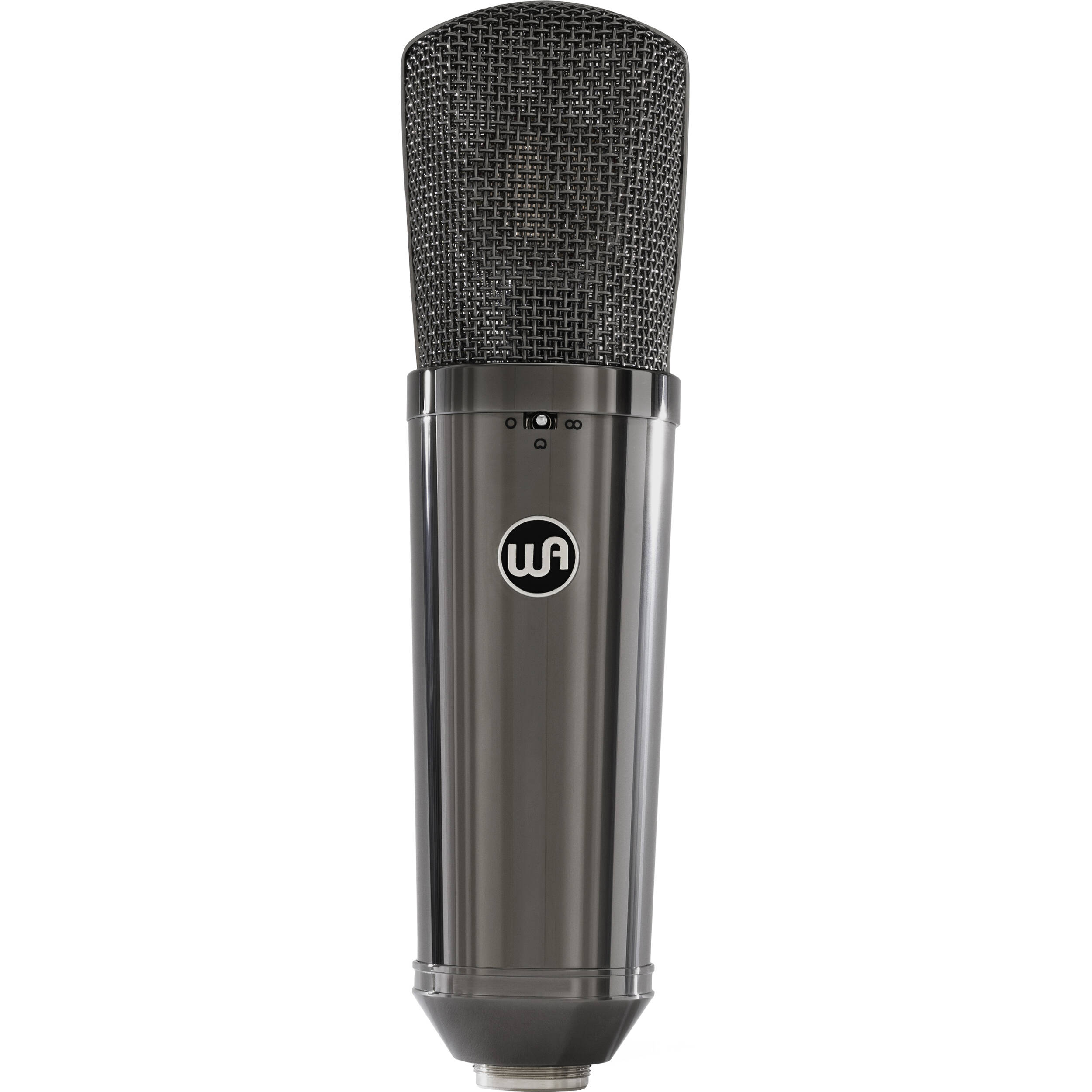 Stereo pair of Warm Audio WA-87 R2 TS condenser microphones with gold finish and shock mounts for studio recording.