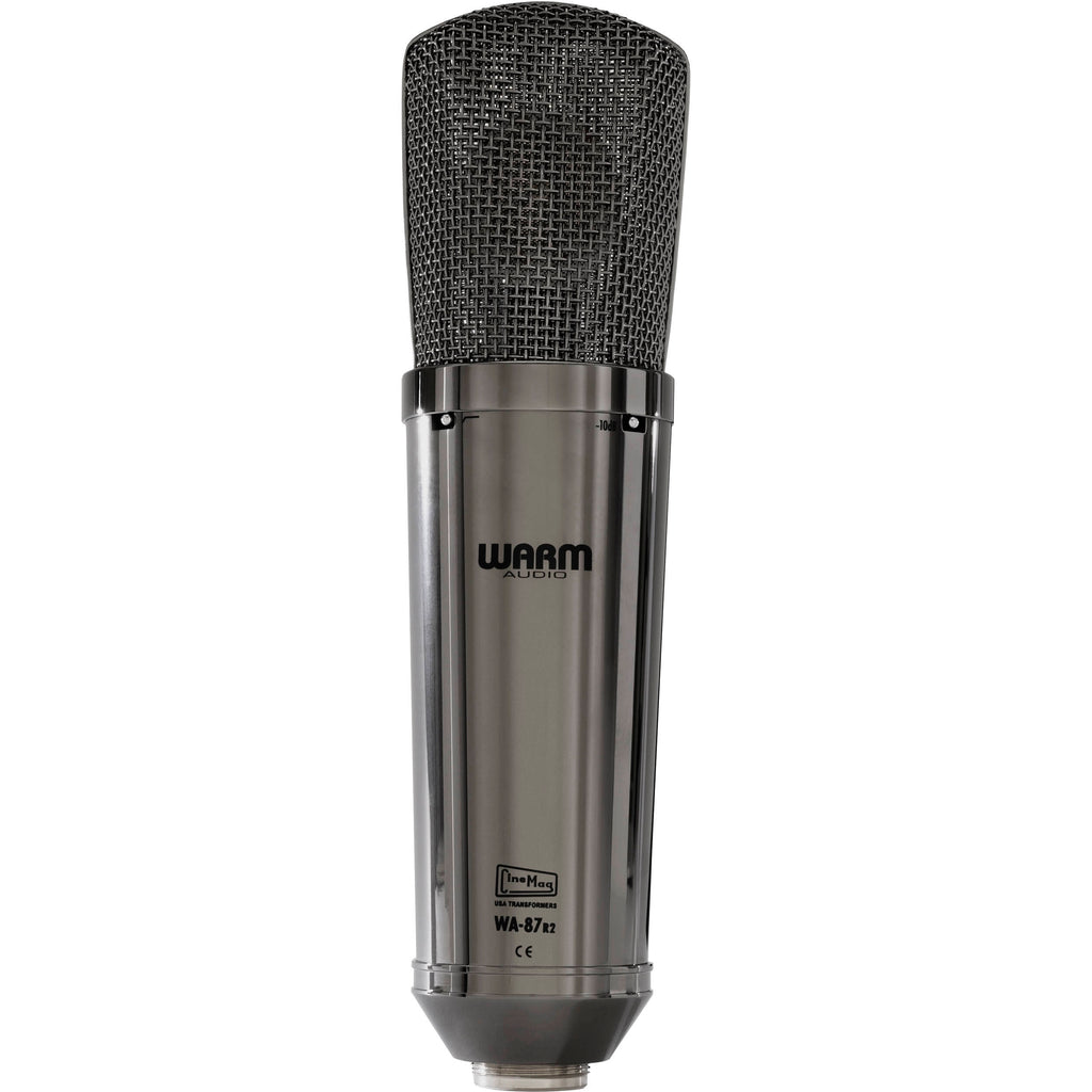 Pair of Warm Audio WA-87 R2 TS stereo condenser microphones with gold capsules and vintage-style metal bodies.