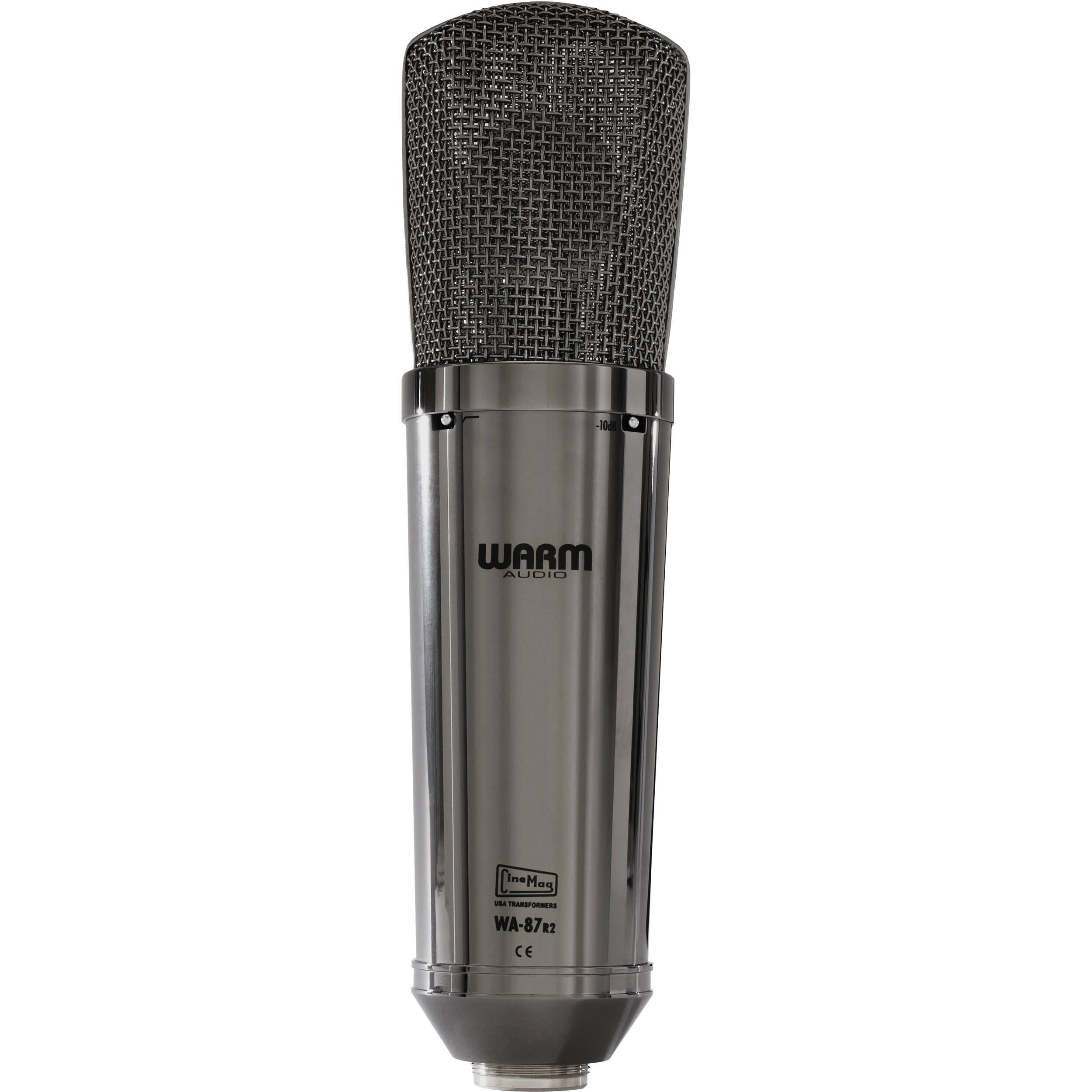 Pair of Warm Audio WA-87 R2 TS stereo condenser microphones with gold capsules and vintage-style metal bodies.