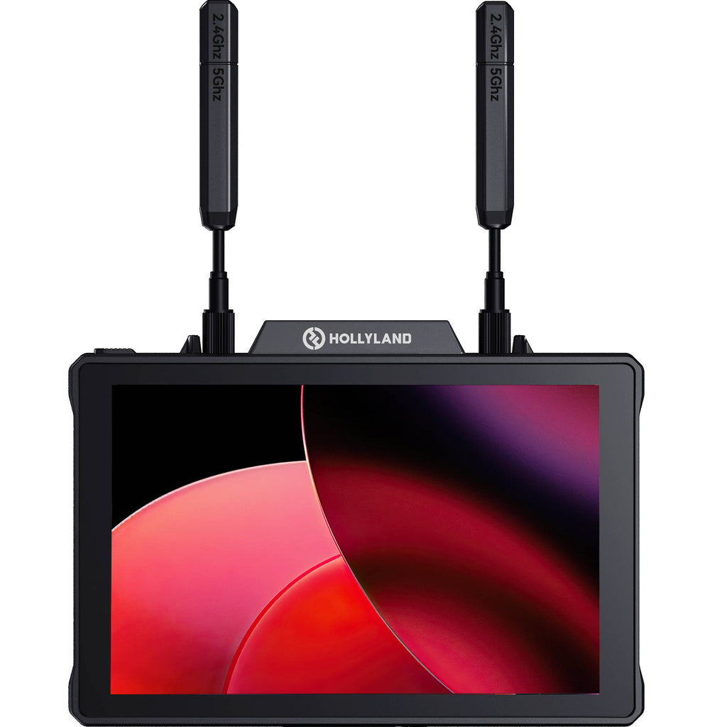 Hollyland Pyro 7 video monitor with large screen, control buttons, and connection ports for professional video production.