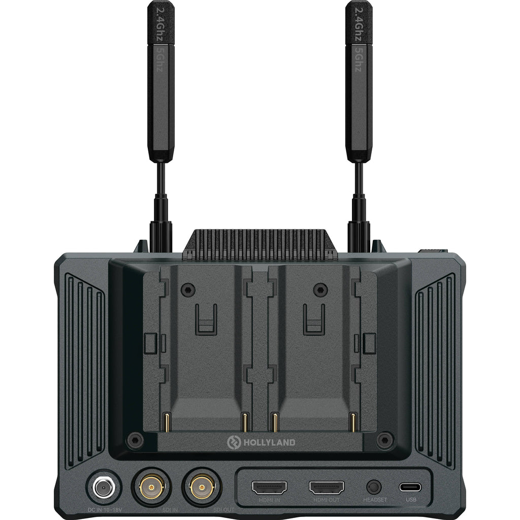 Hollyland Pyro 7 video monitor set showing dual monitors with control interfaces and connection ports for professional video production
