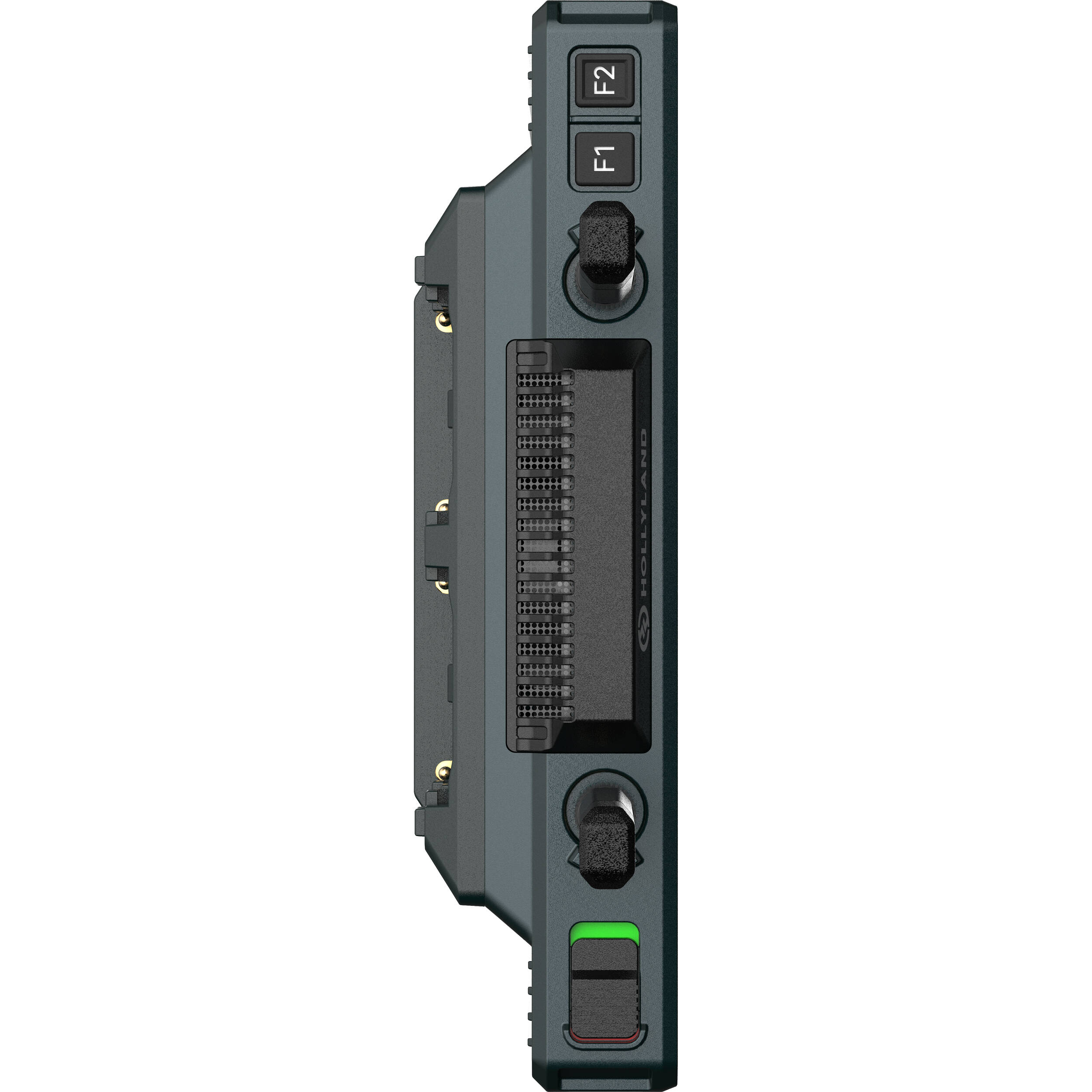 Hollyland Pyro 7 video monitor showing a high-resolution screen with control buttons and connection ports.