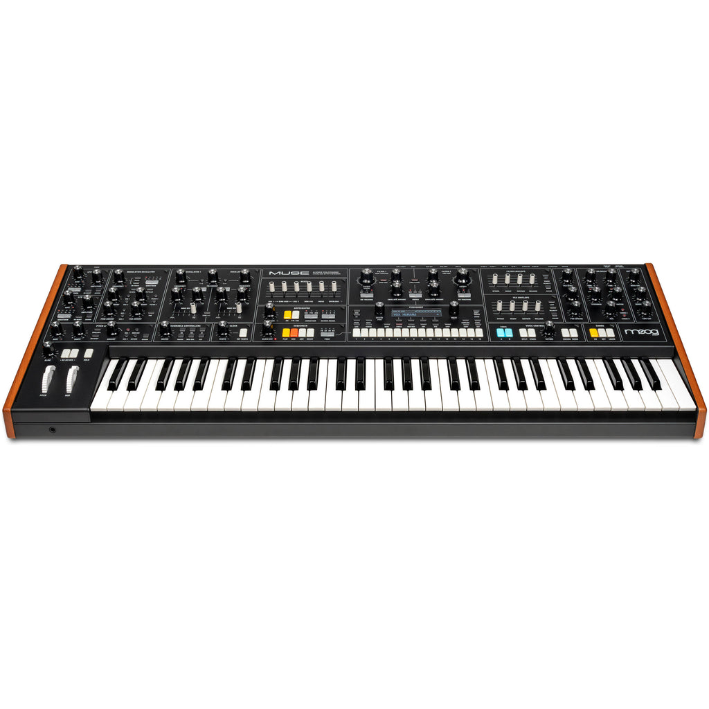 Moog Muse synthesizer with keyboard and control knobs, showcasing its vintage-inspired design and front panel features.