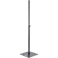 K&M 26731 PA speaker stands set up for audio equipment, with adjustable height and sturdy tripod base.