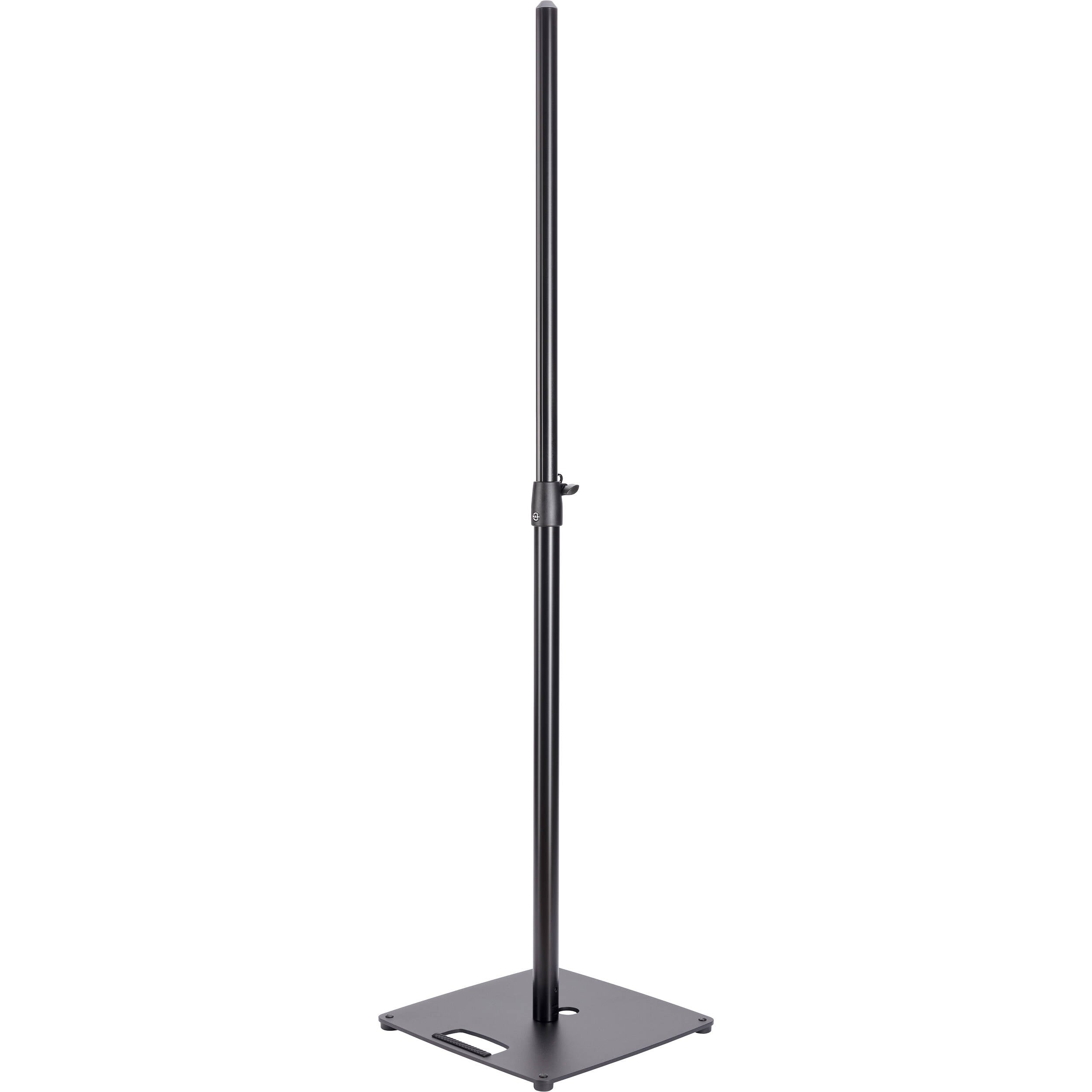 K&M 26731 PA speaker stands set up for audio equipment, with adjustable height and sturdy tripod base.