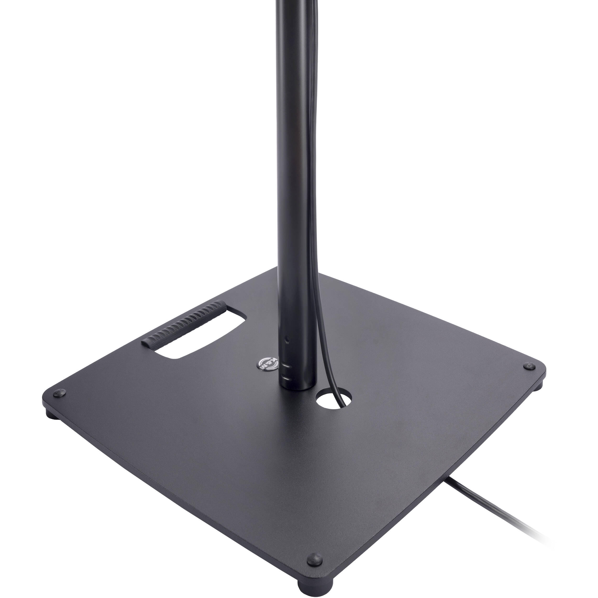K&M 26731 PA speaker stands with adjustable height and sturdy metal construction for professional audio setup.