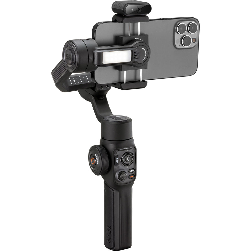 Zhiyun Smooth 5S AI Pro stabilizer and gimbal for smartphones, showing its sleek design and control features.