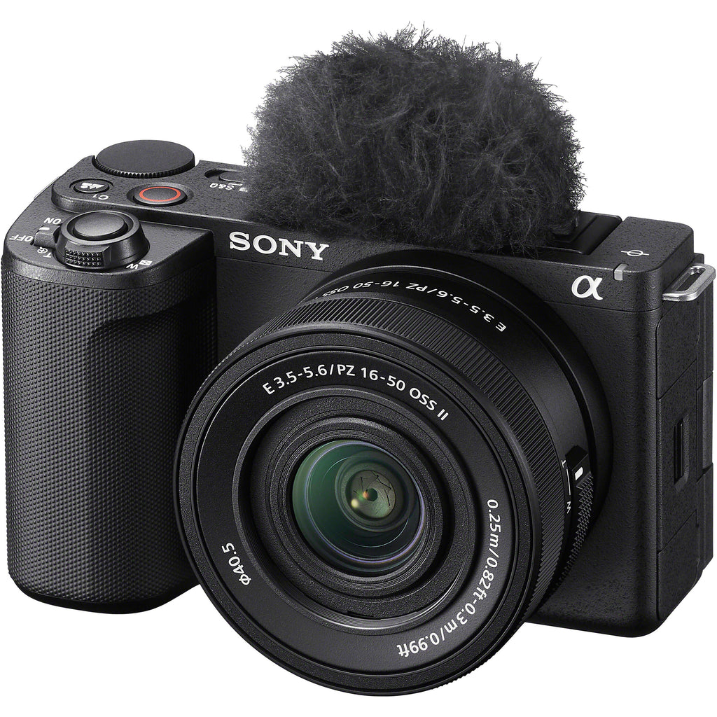 Sony ZV-E10 II mirrorless video camera with 16-50mm zoom lens, compact and versatile for high-quality video recording.