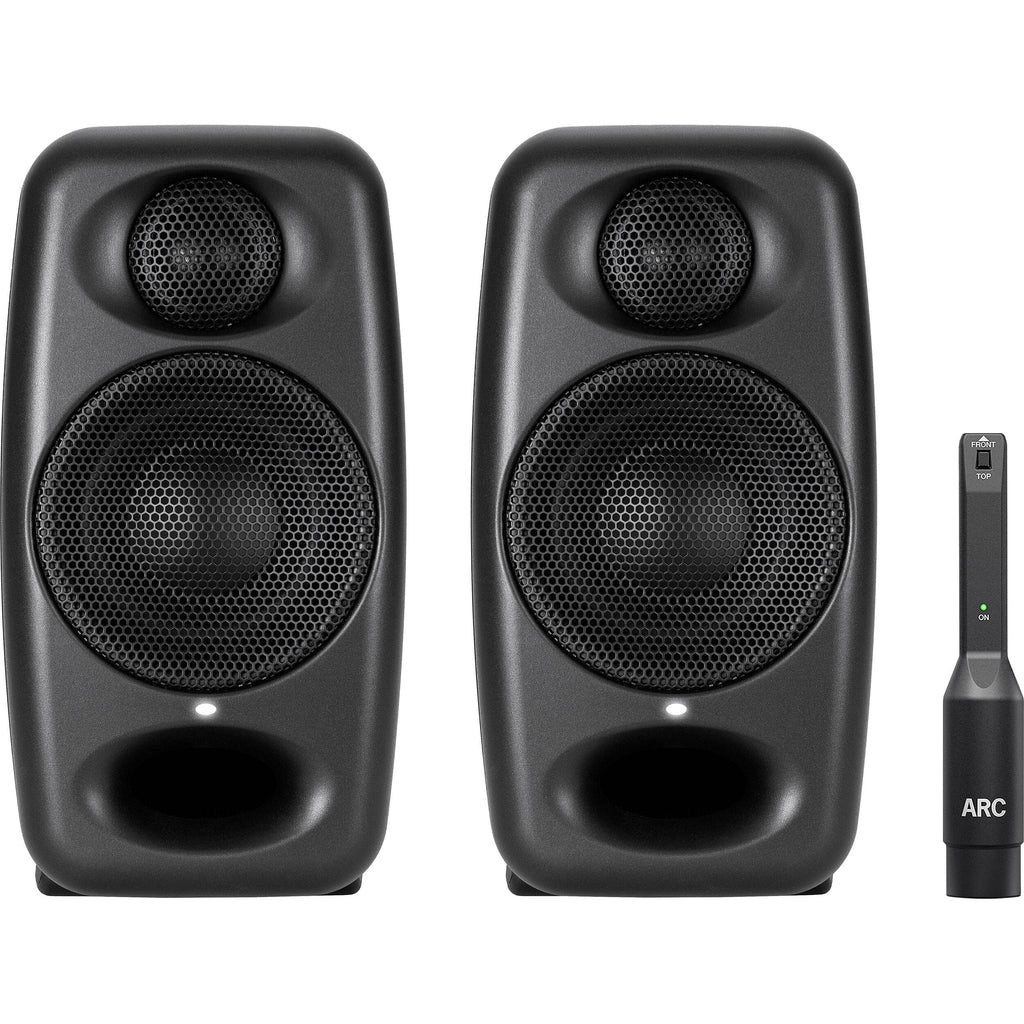 IK Multimedia iLoud Micro Monitor Pro active nearfield studio monitors showing two compact black speakers with control knobs