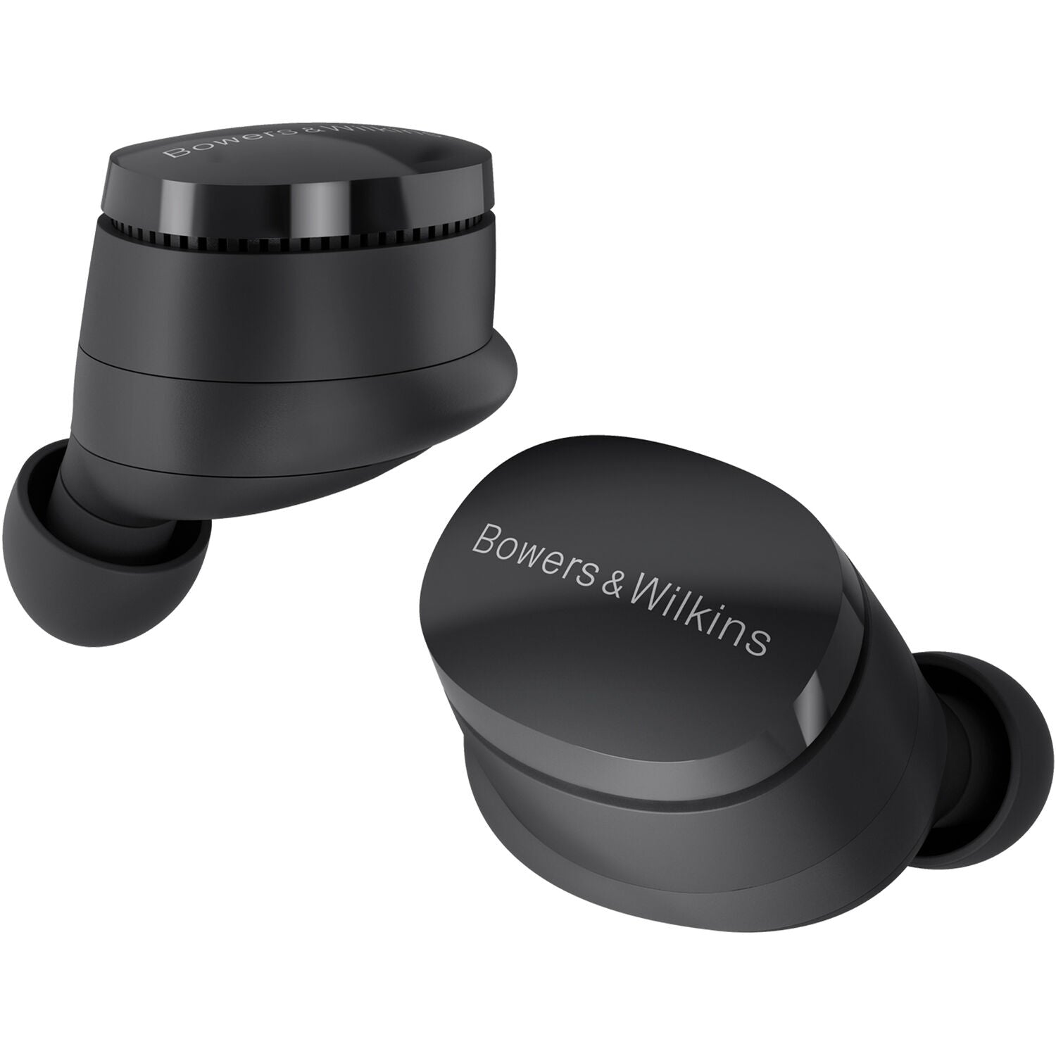 Bowers & Wilkins Pi6 wireless in-ear headphones with sleek design and charging case, shown in detail.