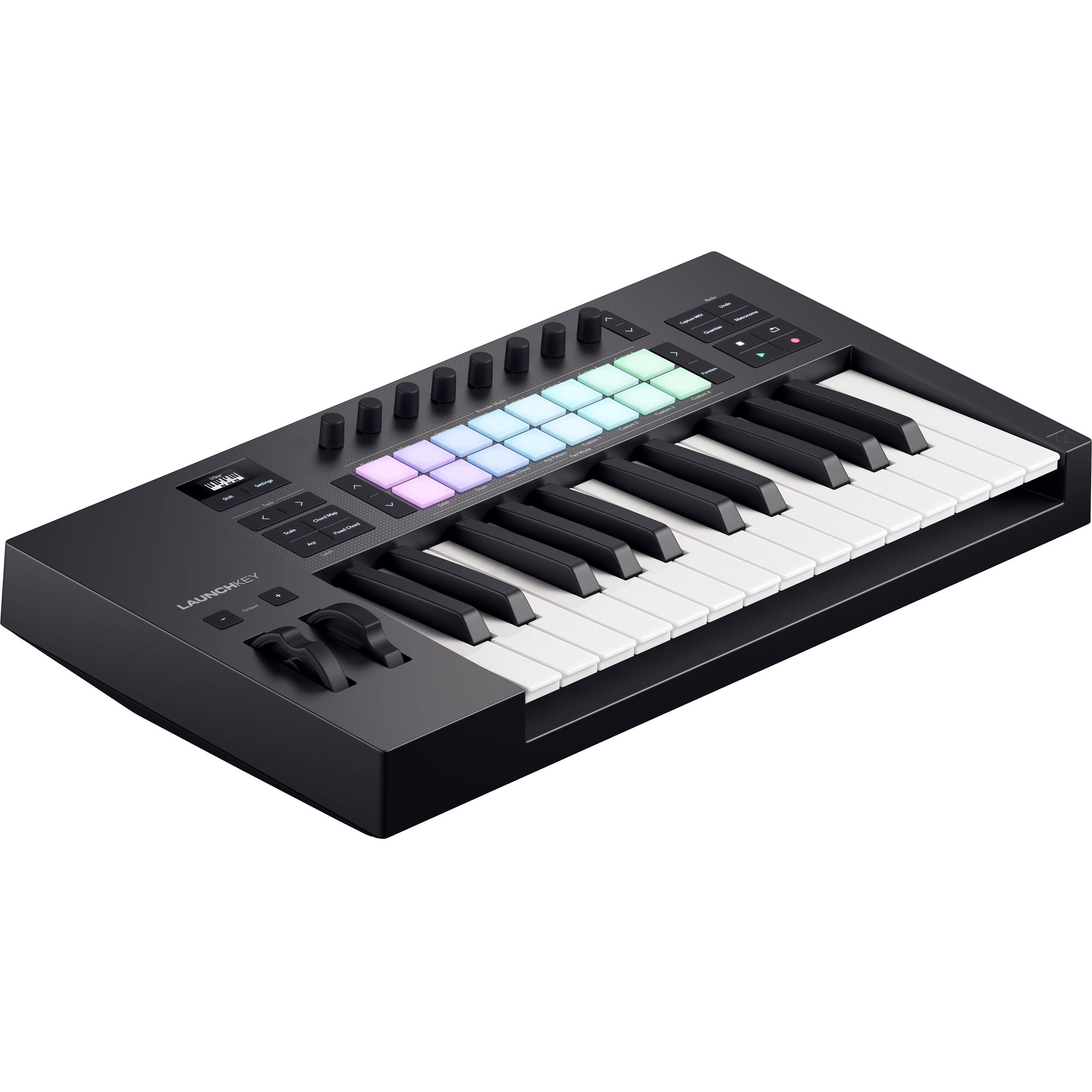 Novation Launchkey 25 MK4 MIDI keyboard with 25 keys, control knobs, and pads for music production and live performance.