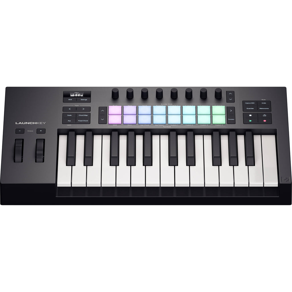 Novation Launchkey 25 MK4 MIDI keyboard with 25 keys, control knobs, and pads for music production and live performance.