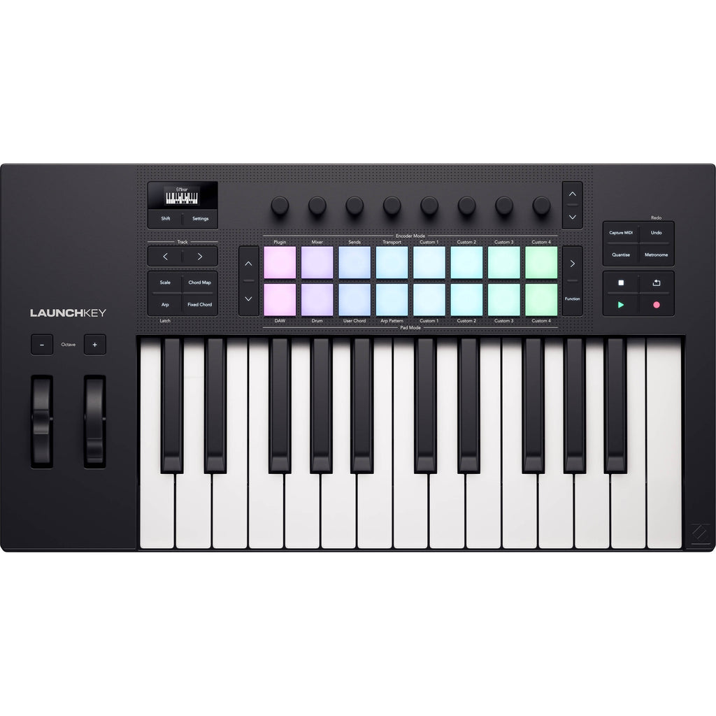 Novation Launchkey 25 MK4 MIDI keyboard with 25 keys and control knobs, ideal for music production and live performance.