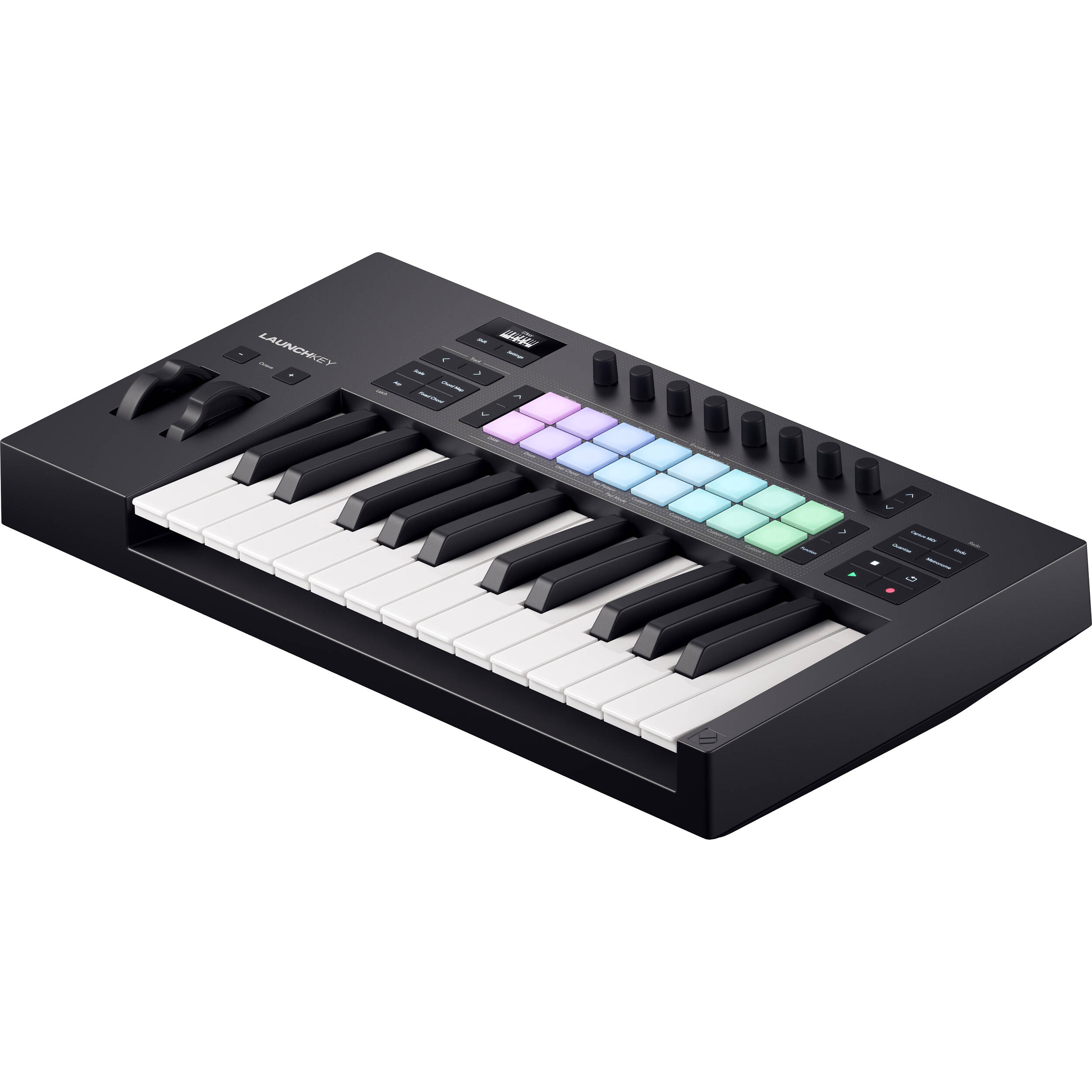 Novation Launchkey 25 MK4 MIDI keyboard with 25 keys, control knobs, and pads for music production and live performance.