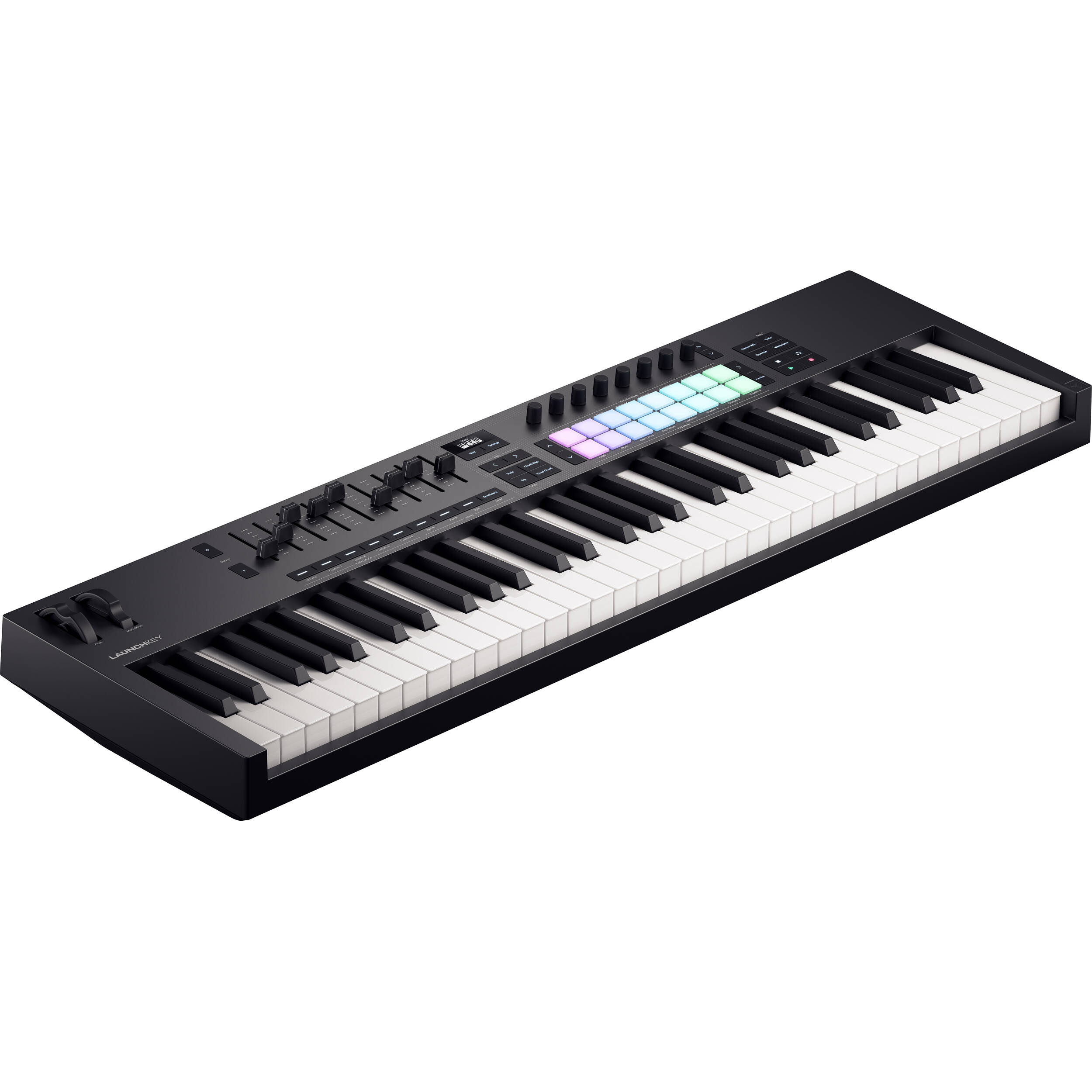 Novation Launchkey 61 MK4 MIDI keyboard with 61 keys and control pads, designed for music production and performance.