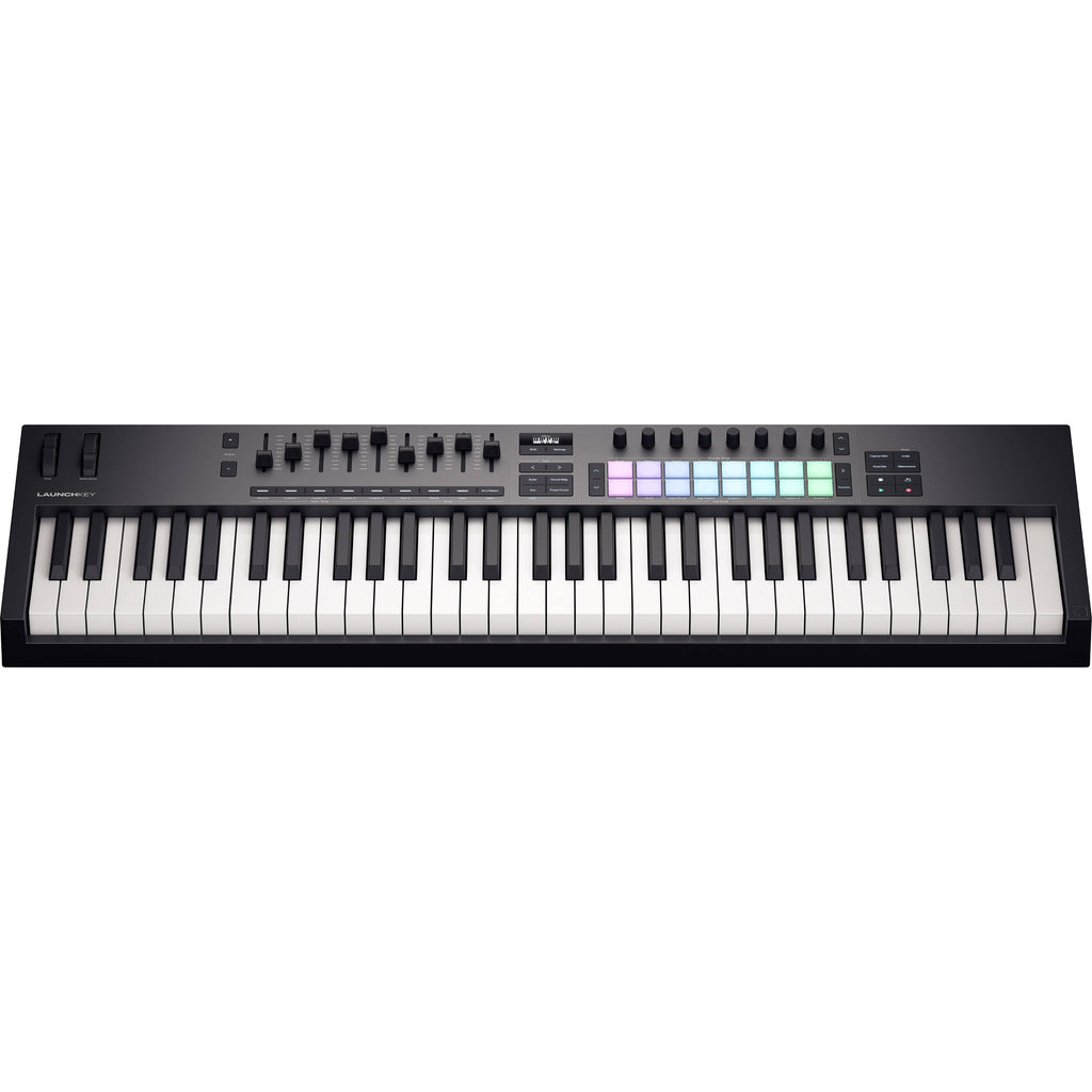 Novation Launchkey 61 MK4 midi keyboard with 61 keys and control knobs, designed for music production and live performance.