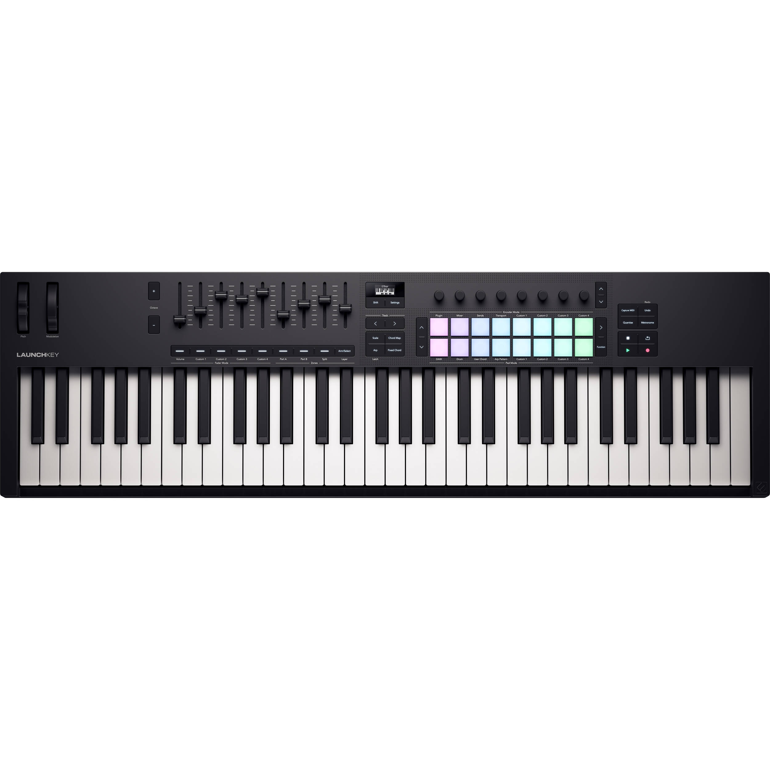 Novation Launchkey 61 MK4 MIDI keyboard with 61 keys and control pads, designed for music production and live performance.