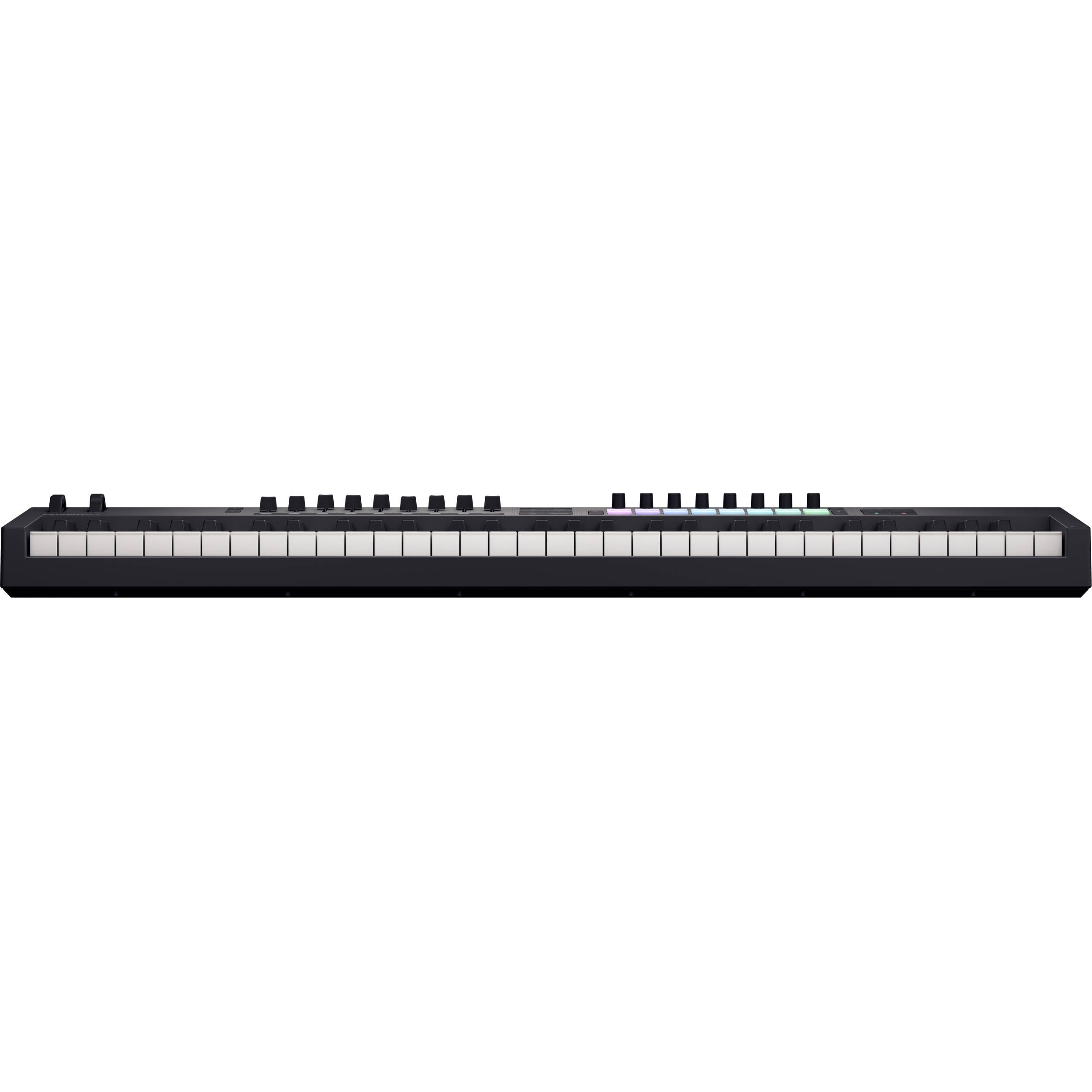 Novation Launchkey 61 MK4 MIDI keyboard with 61 keys, control knobs, and pads, used for music production and live performance.