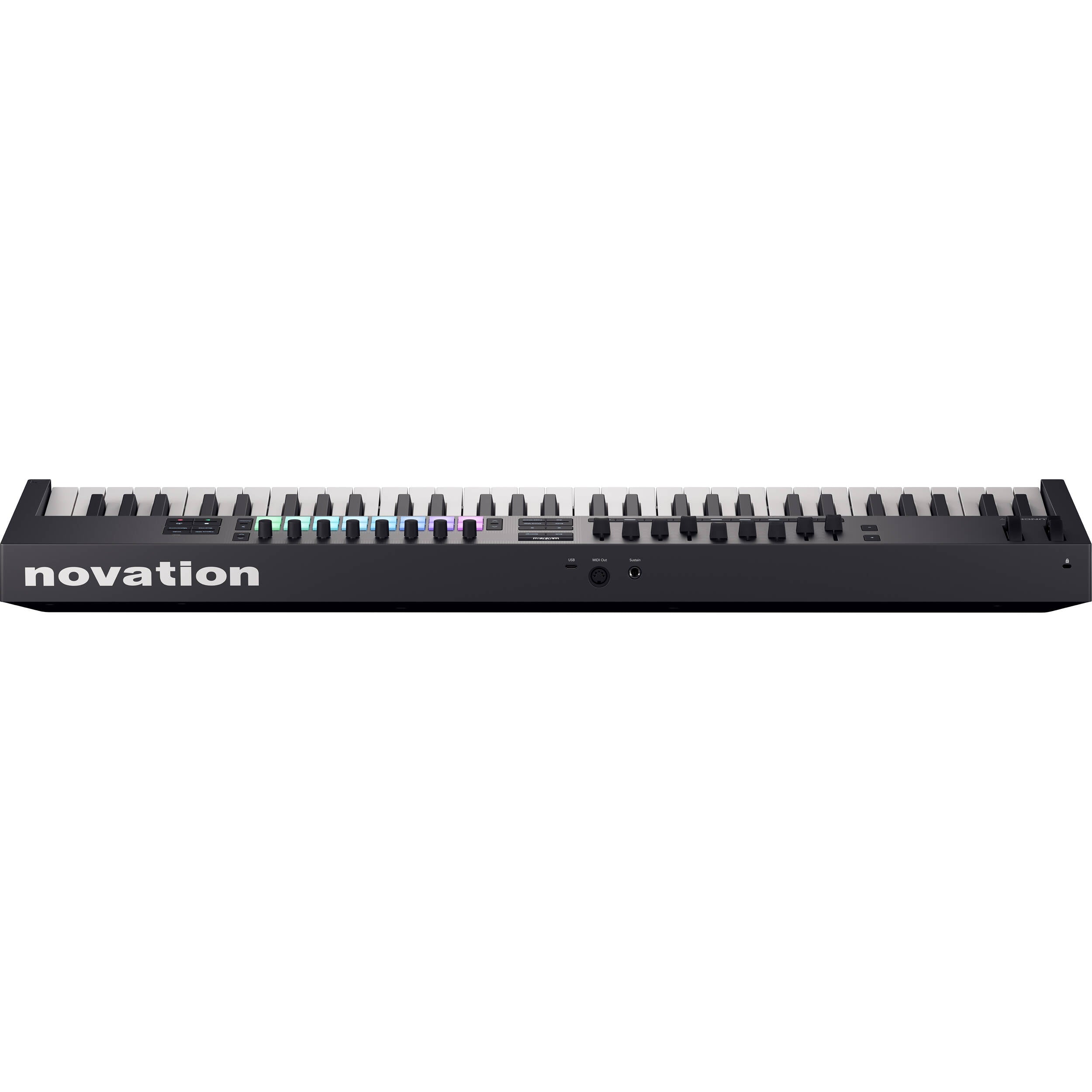 Novation Launchkey 61 MK4 MIDI keyboard with 61 keys, control knobs, and pads for music production and live performance.