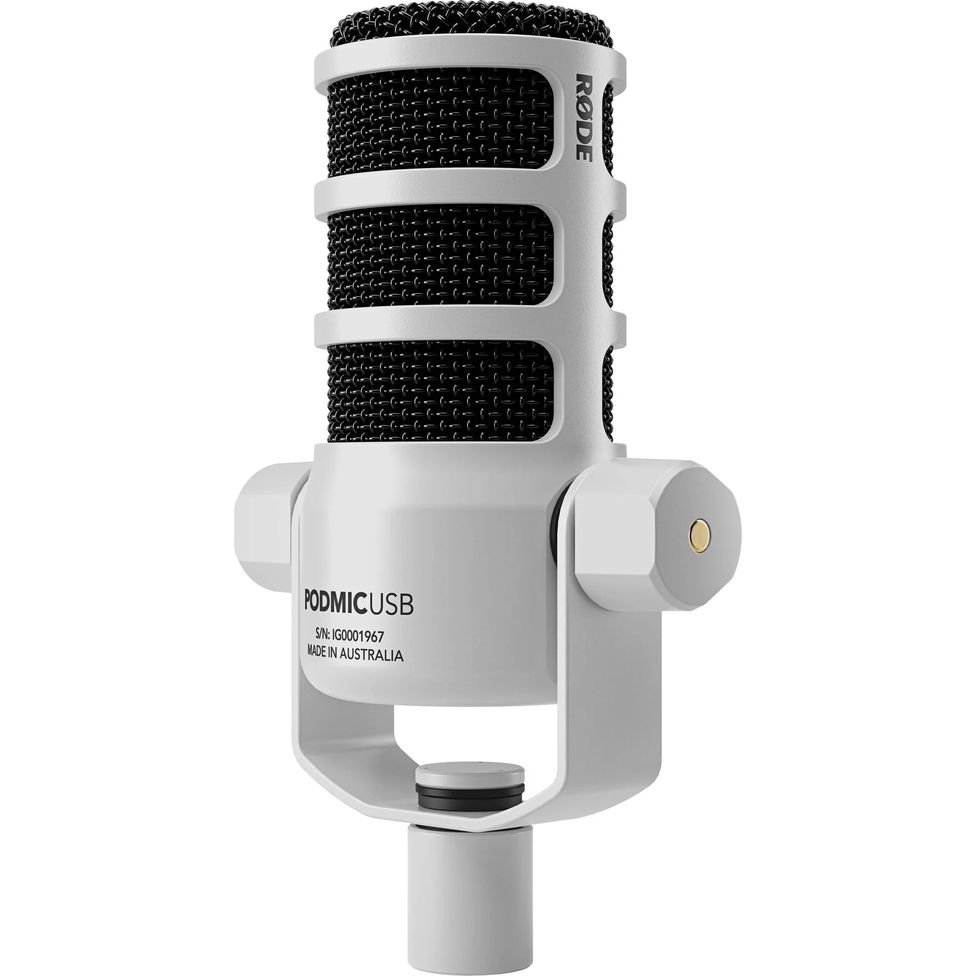Rode PodMic USB microphone with black body and built-in stand, designed for high-quality podcast and streaming audio recording