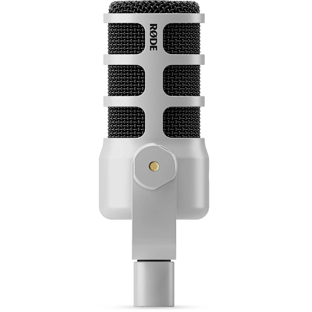 Rode Podmic USB microphone with black microphone body and attached stand, ideal for podcasting and streaming.