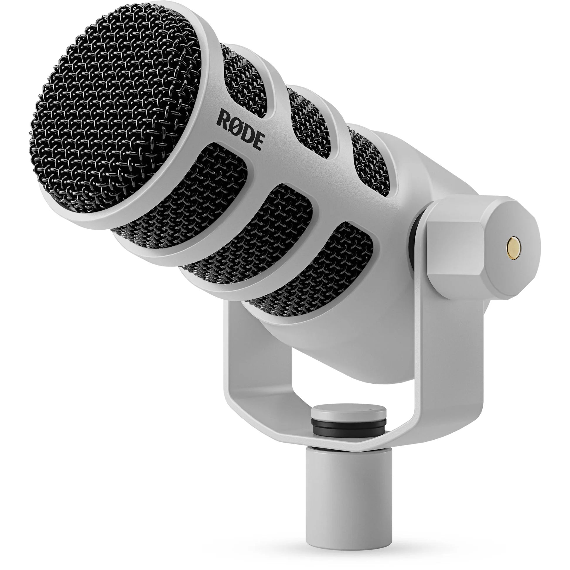 Rode Podmic USB microphone with black foam windscreen and adjustable stand on a white background.
