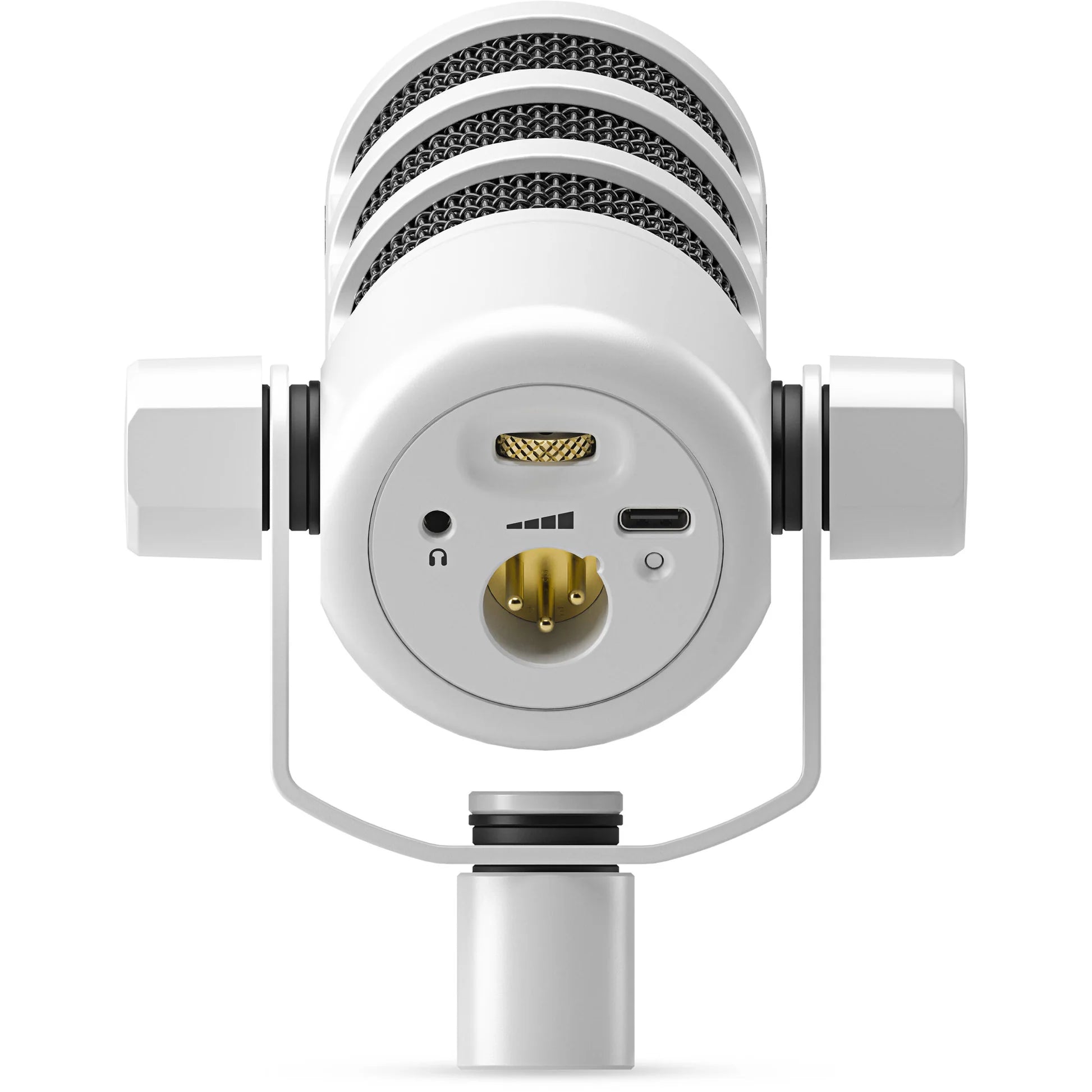 Rode PodMic USB microphone with built-in stand and cable, designed for podcasting and streaming on a clean desk setup.