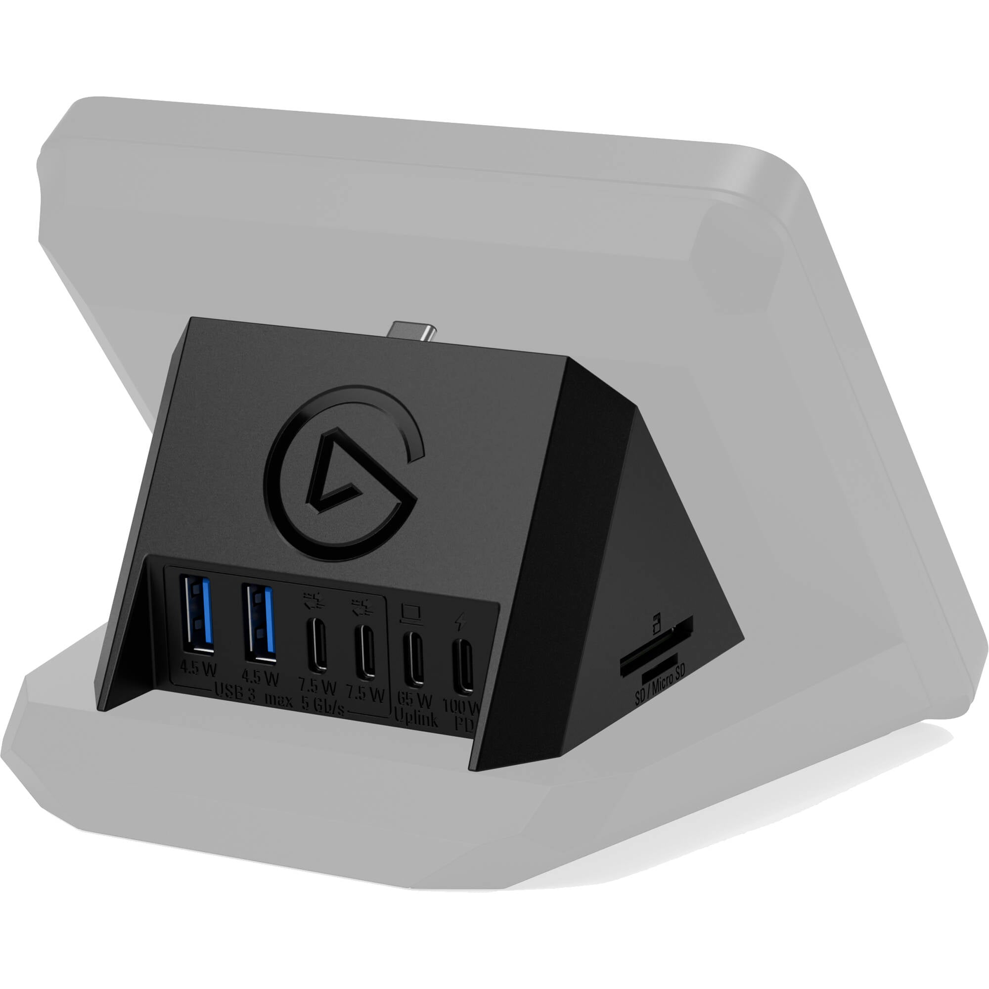 Elgato USB Hub for Stream Deck+ with multiple ports, black rectangular video equipment accessory for connecting devices.