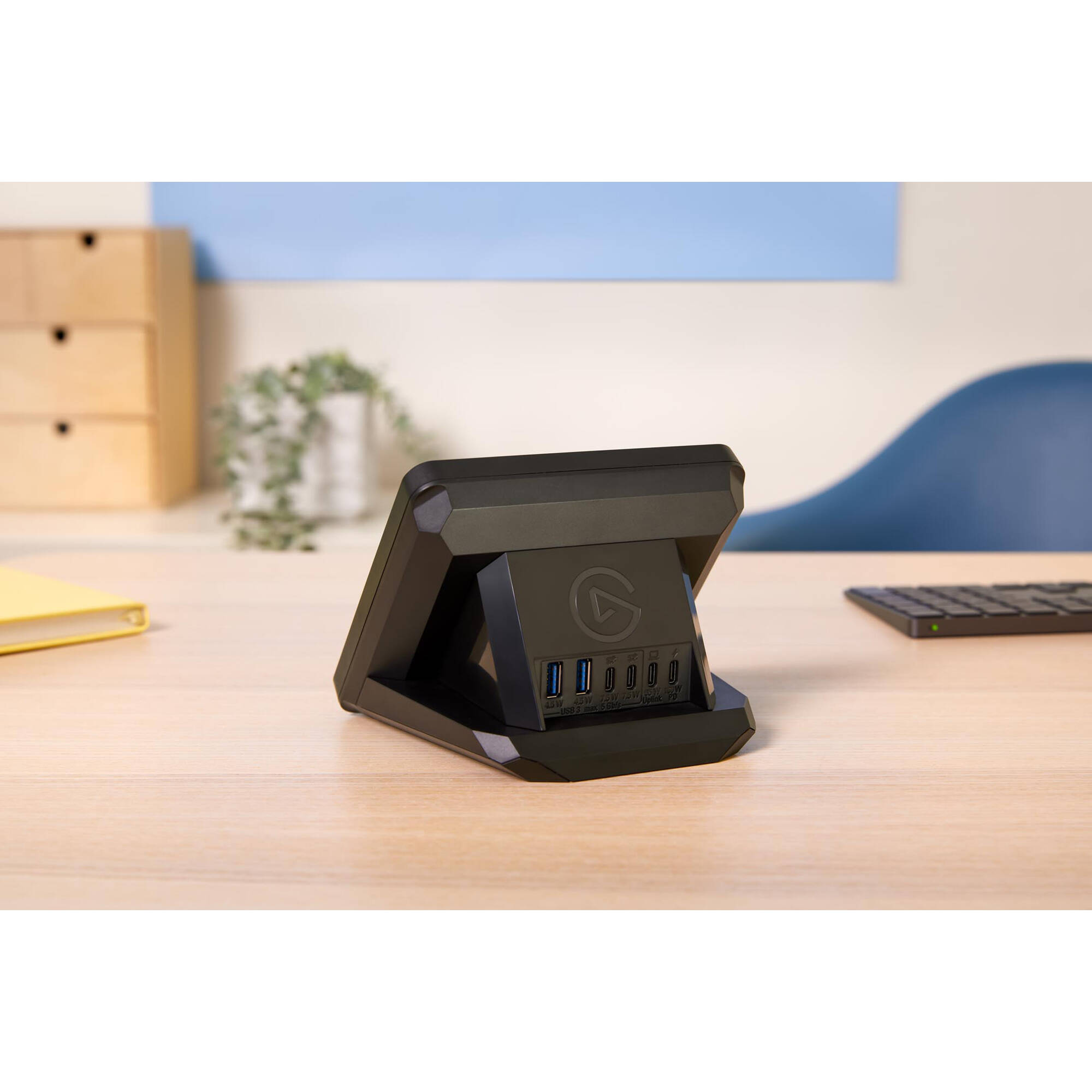 Elgato USB Hub for Stream Deck+ showing multiple USB ports and sleek black design for video equipment setup.