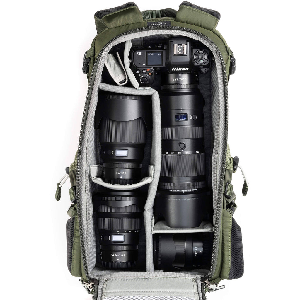 Think Tank Mindshift BackLight video equipment bag with padded compartments and adjustable straps for gear protection.