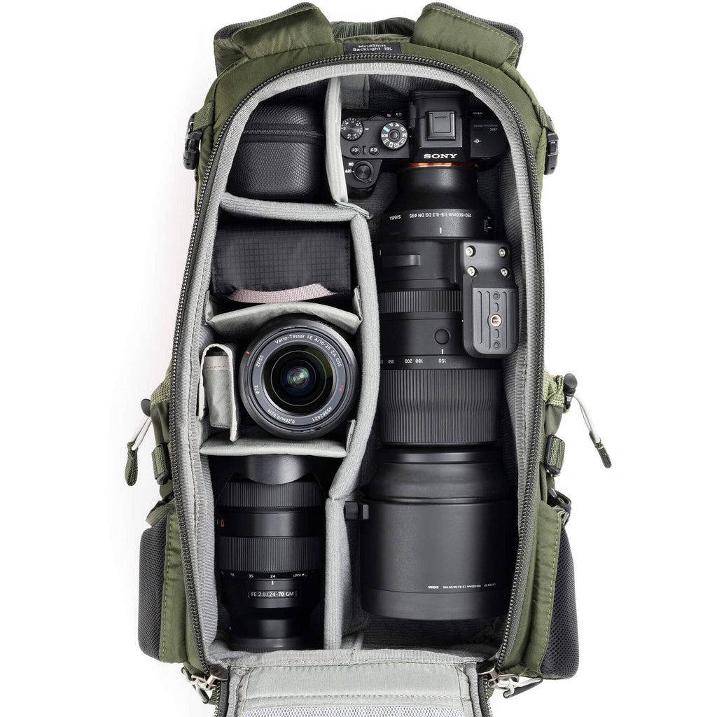 Think Tank Mindshift BackLight video equipment bag with padded compartments and adjustable straps for camera gear storage