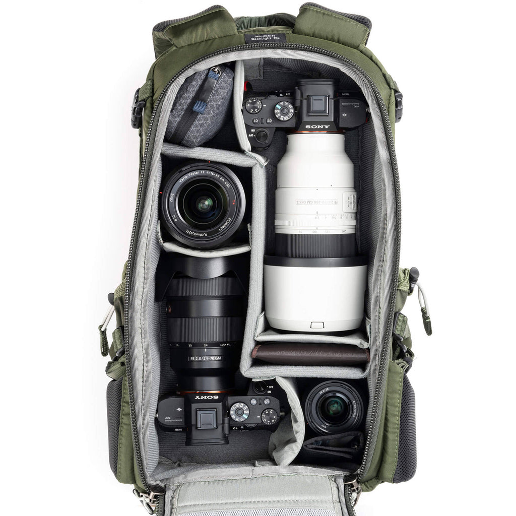 Think Tank Mindshift BackLight video equipment bag with padded compartments for camera gear and accessories.
