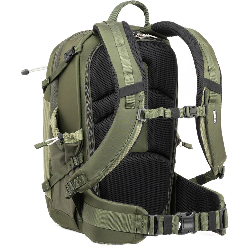 Think Tank Mindshift BackLight video equipment bag with padded compartments and adjustable straps for photographers.