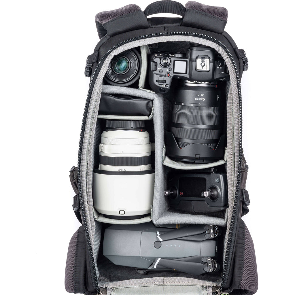 Think Tank Mindshift BackLight video equipment bag with padded compartments and adjustable straps for photography gear.