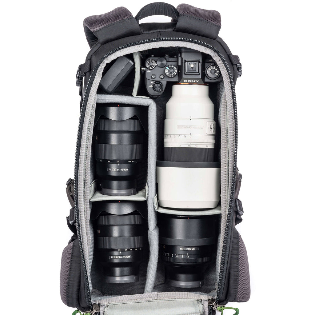 Think Tank Mindshift BackLight video equipment bag with padded compartments and adjustable straps for camera gear storage.