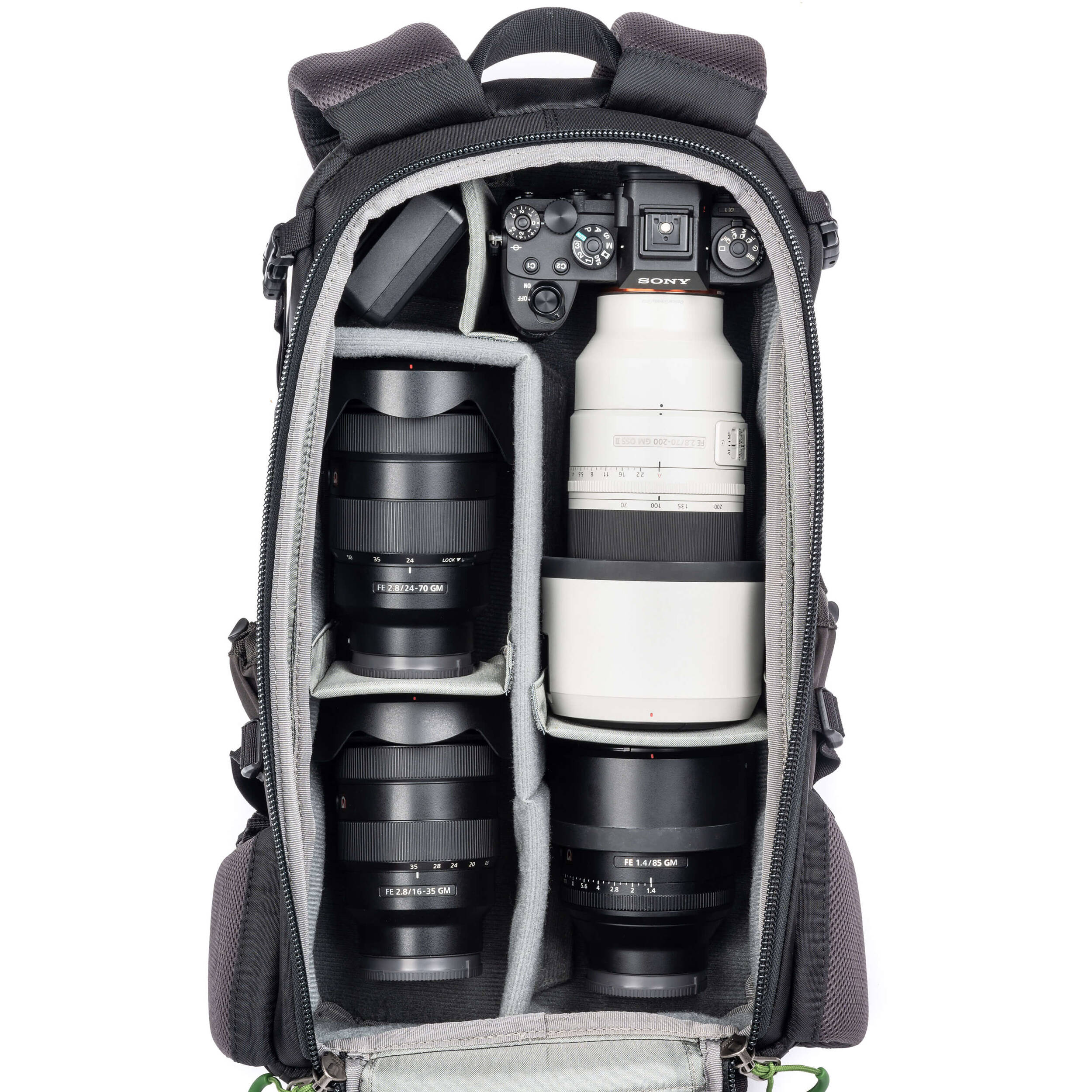 Think Tank Mindshift BackLight video equipment bag with padded compartments and adjustable straps for camera gear storage.