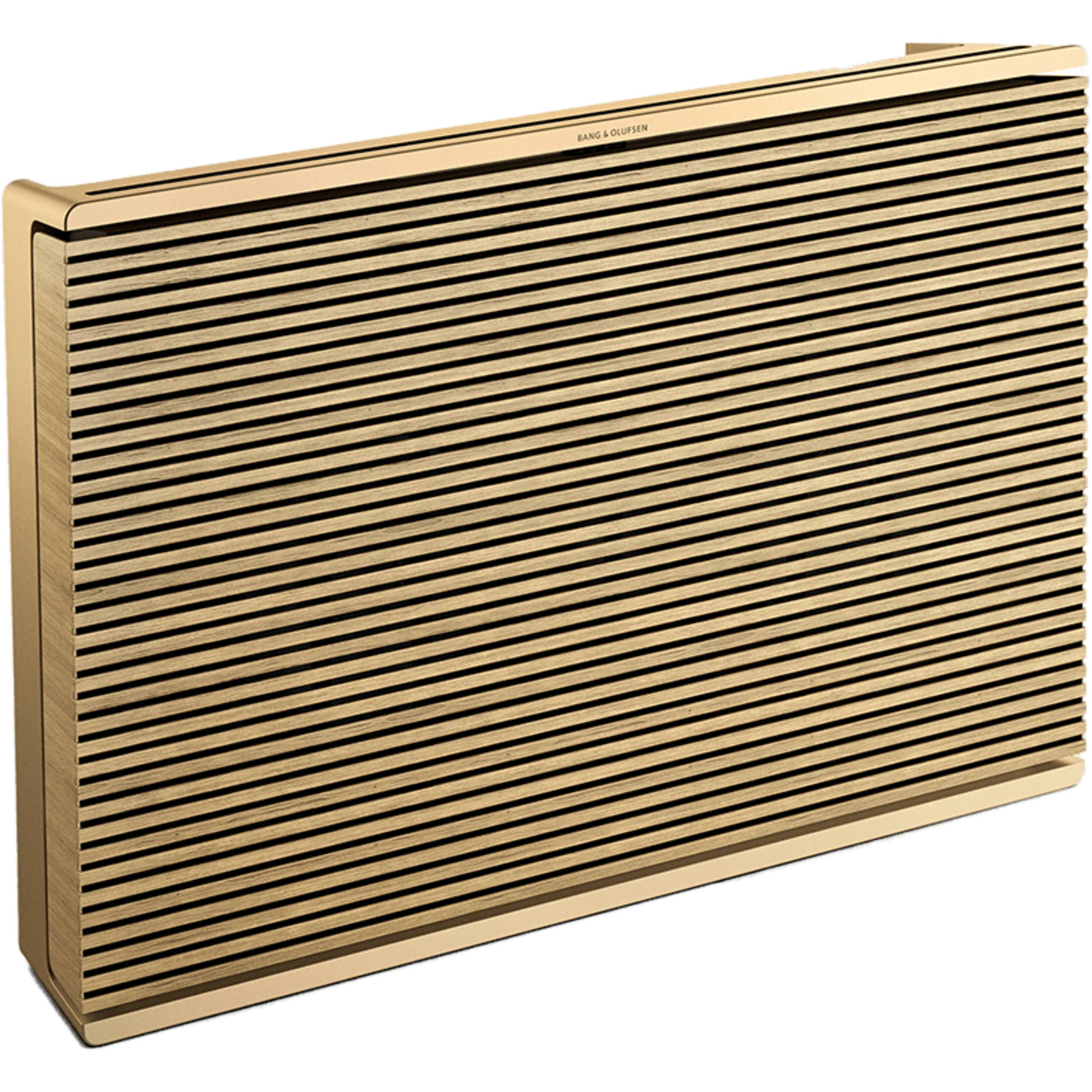 Wireless Bang & Olufsen Beosound Level speaker shown in sleek design with fabric covering and control buttons.