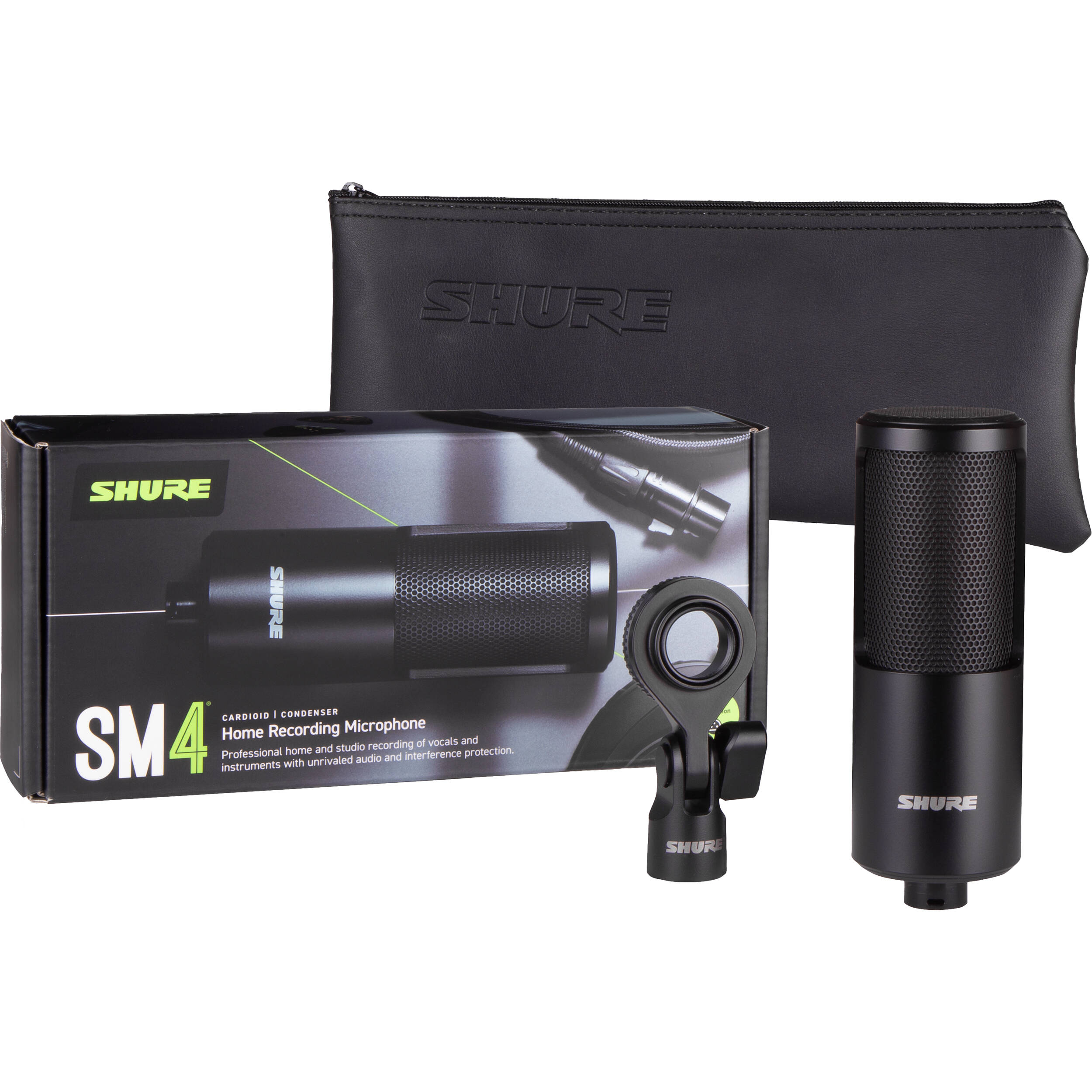 Shure SM4 condenser microphone with metal grille and body, designed for studio and live sound applications.
