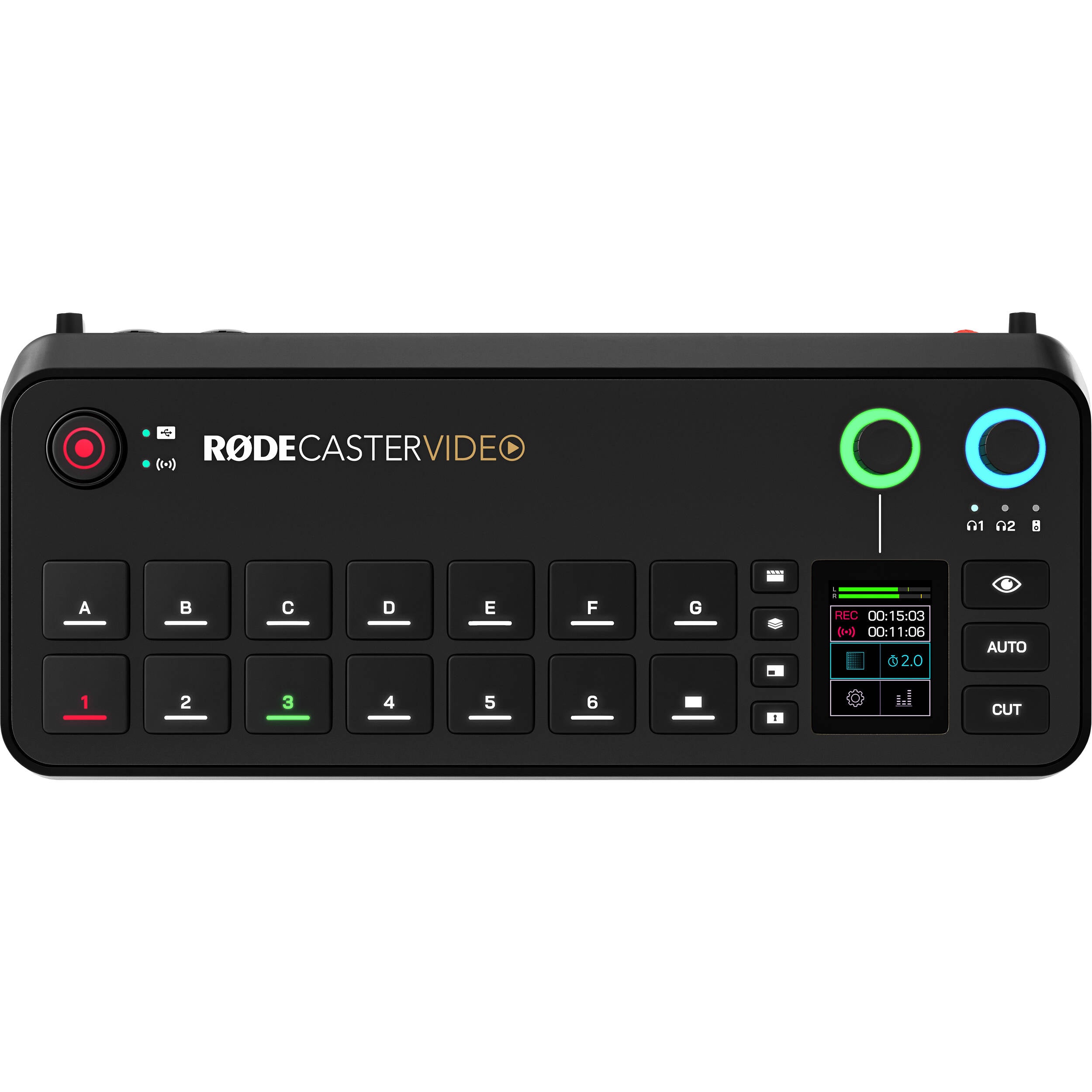 Rode RodeCaster Video editing controller with multiple buttons and dials for professional video and audio editing.