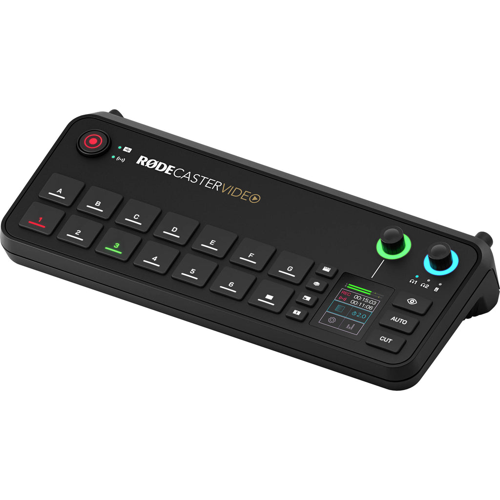 Rode RodeCaster Video editing controller with multiple knobs and buttons for professional video and audio editing setup.