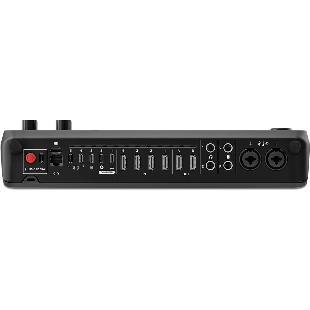 Rode RodeCaster Video editing controller with multiple buttons, dials, and a touchscreen for professional video editing setup.