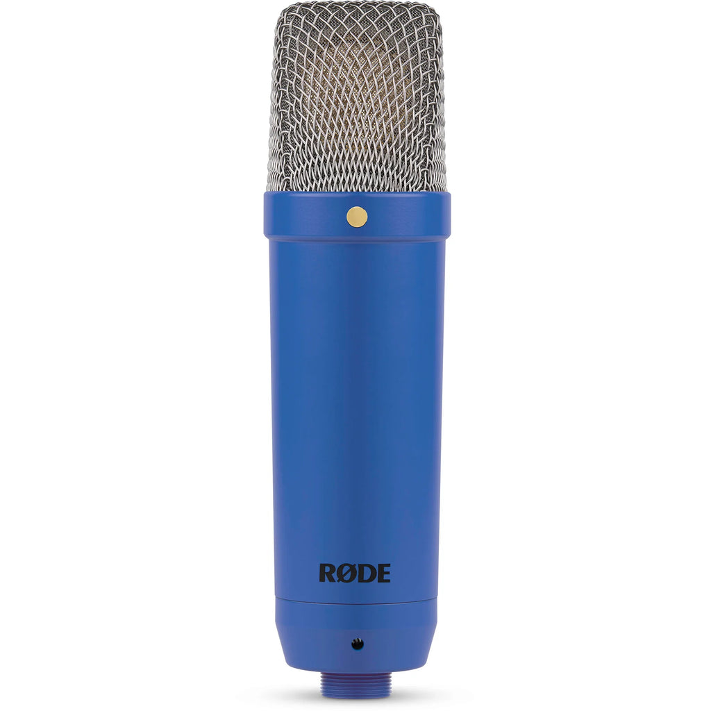 Rode NT1 Signature Series condenser microphone with black body and metal grille, designed for studio recording and vocals.