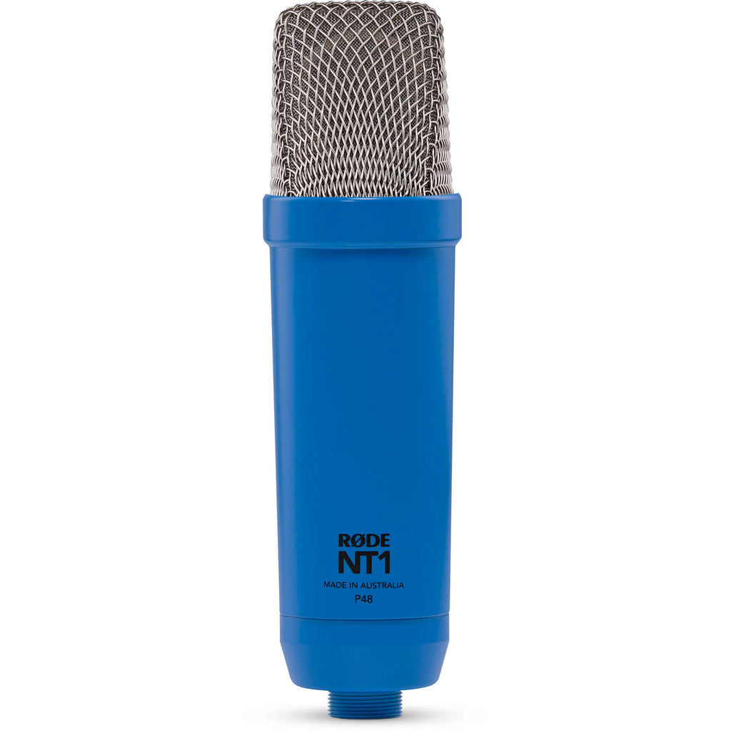 Rode NT1 Signature Series condenser microphone with black body and silver grille, ideal for studio recording and vocals.
