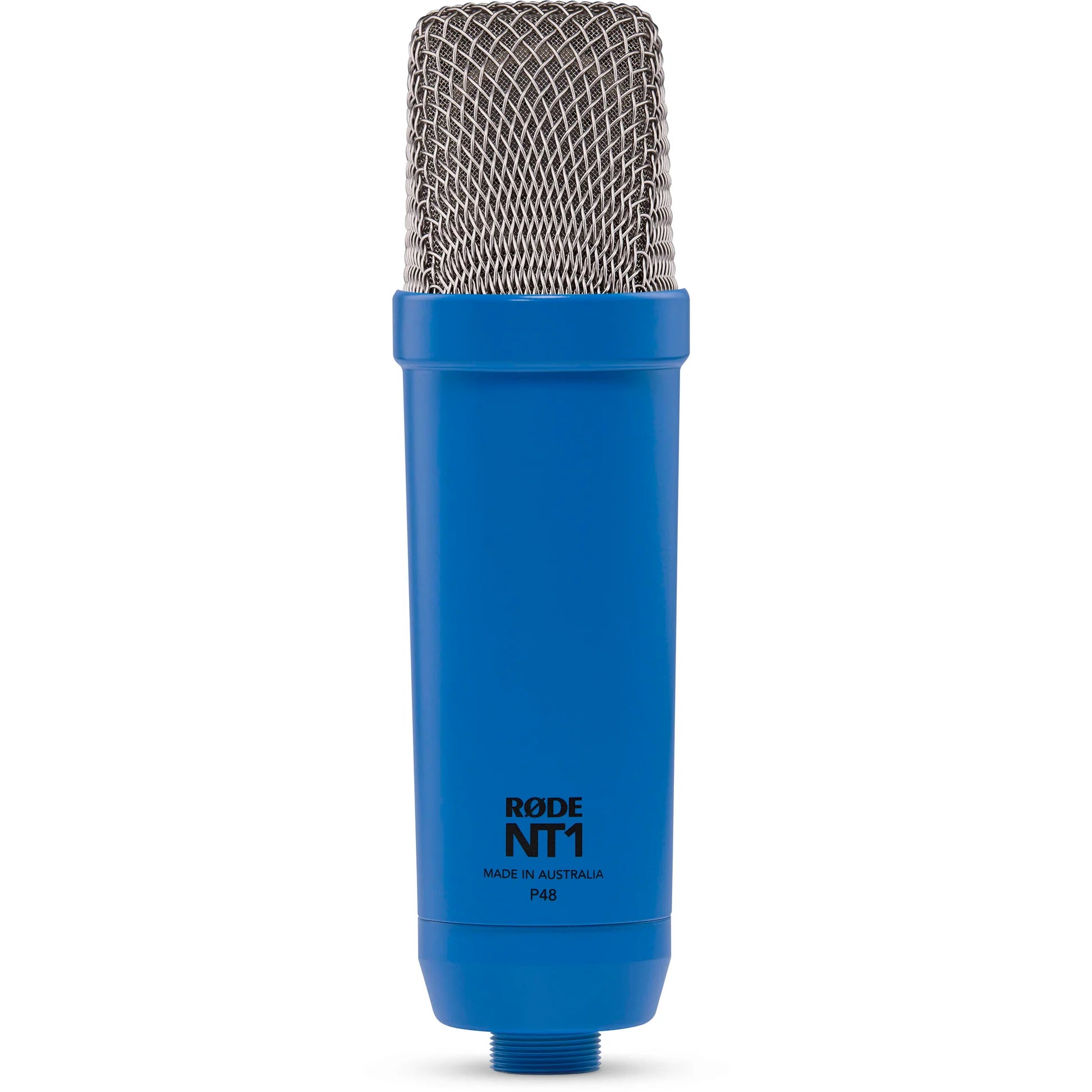 Rode NT1 Signature Series condenser microphone with black body and silver grille, ideal for studio recording and vocals.