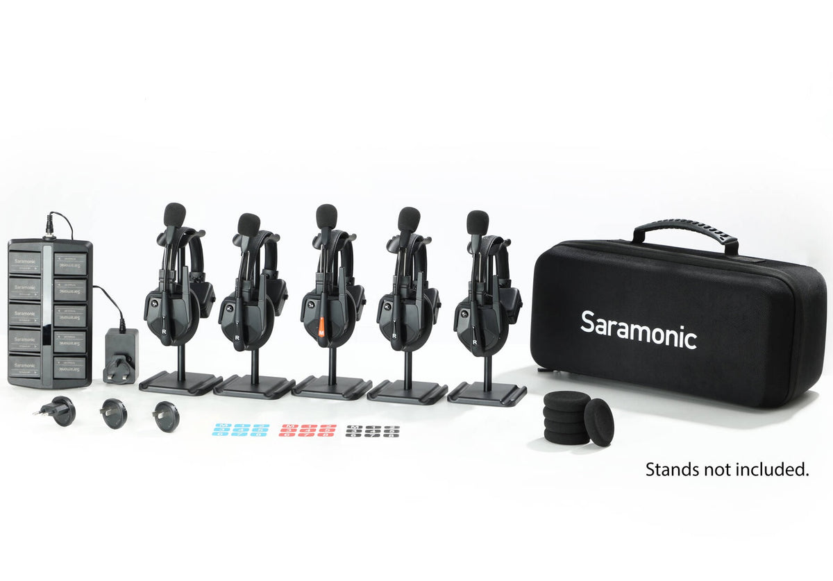 Saramonic WiTalk9 WT5S 5-person wireless microphone system for video recording, featuring compact transmitters and receivers.