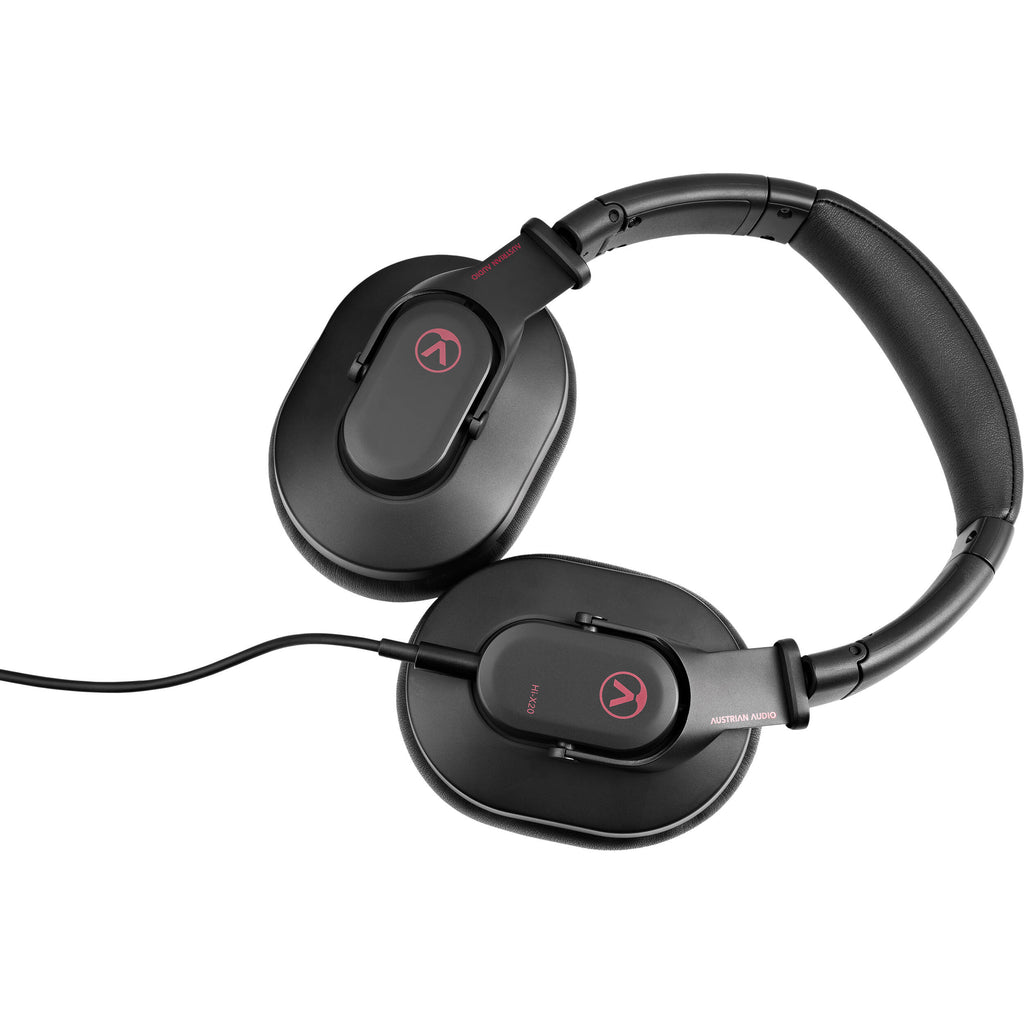 Austrian Audio Hi-X20 studio headphones with over-ear design, black ear cups, and adjustable headband for professional audio monitoring.