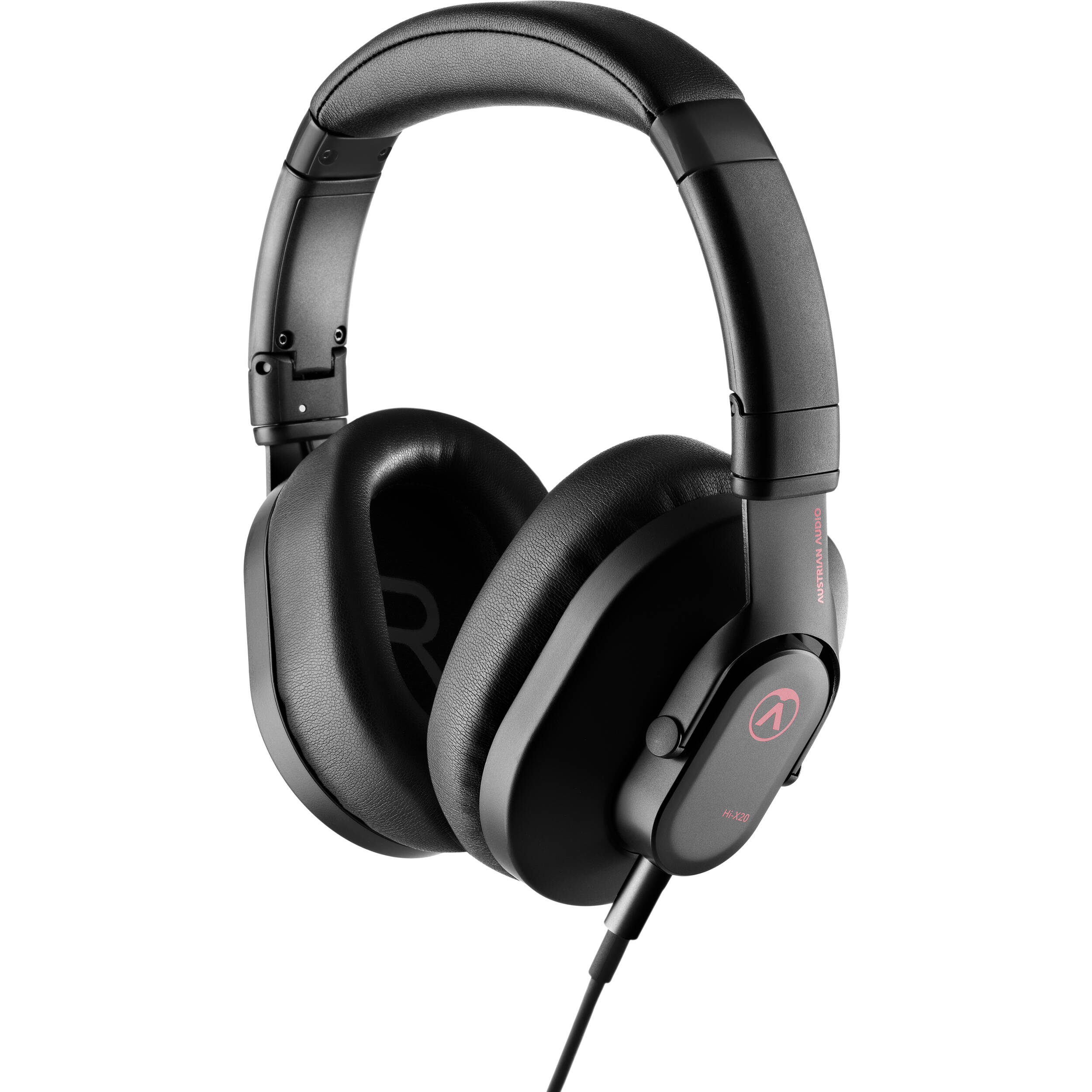 Austrian Audio Hi-X20 studio headphones with over-ear design and black cushioning, shown in a close-up view.