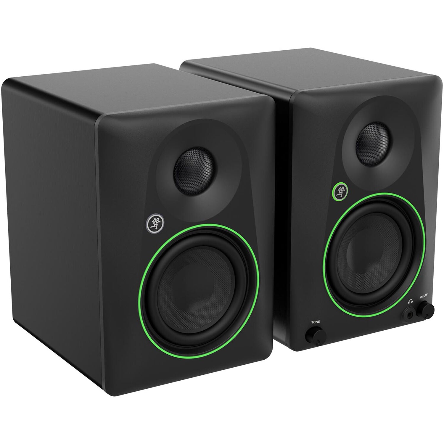Mackie CR4.5 desktop speakers with black finish, dual 4.75-inch woofers and compact design for studio and multimedia use