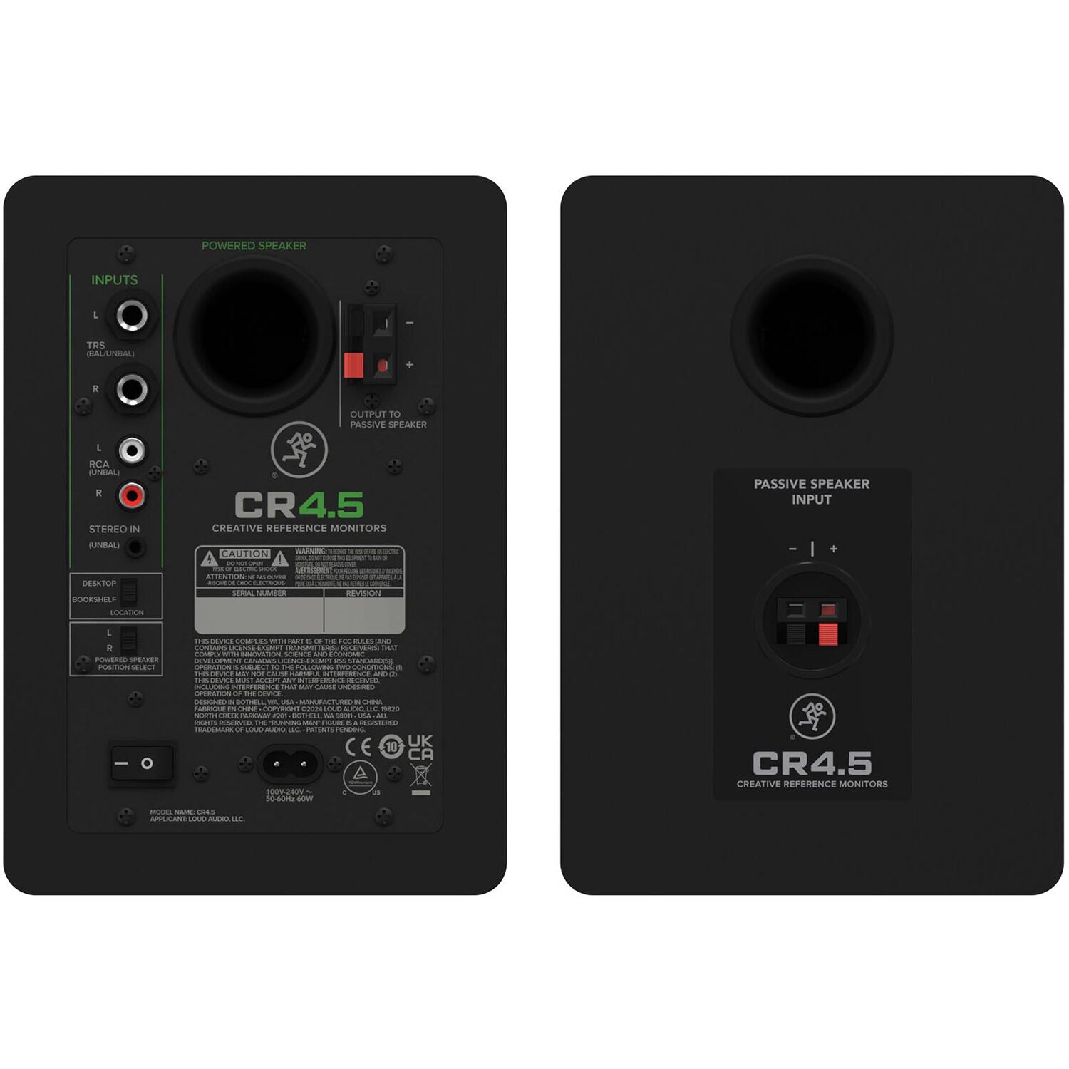 Mackie CR4.5 desktop speakers with black finish, compact design, and control knobs on the front for high-quality audio output.